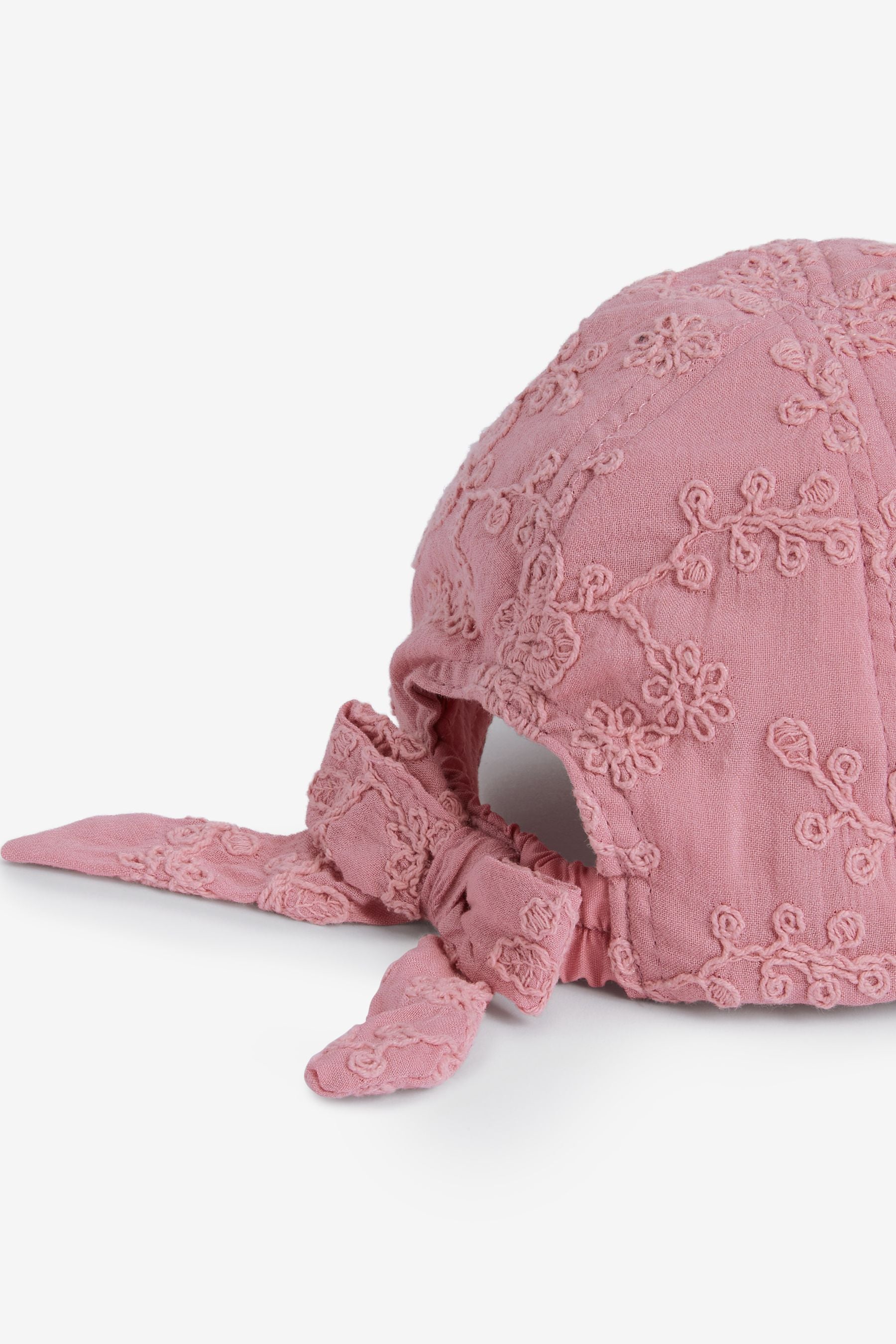 Ecru Cream/Pink Embroidered Bow Back Cap (3mths-6yrs)