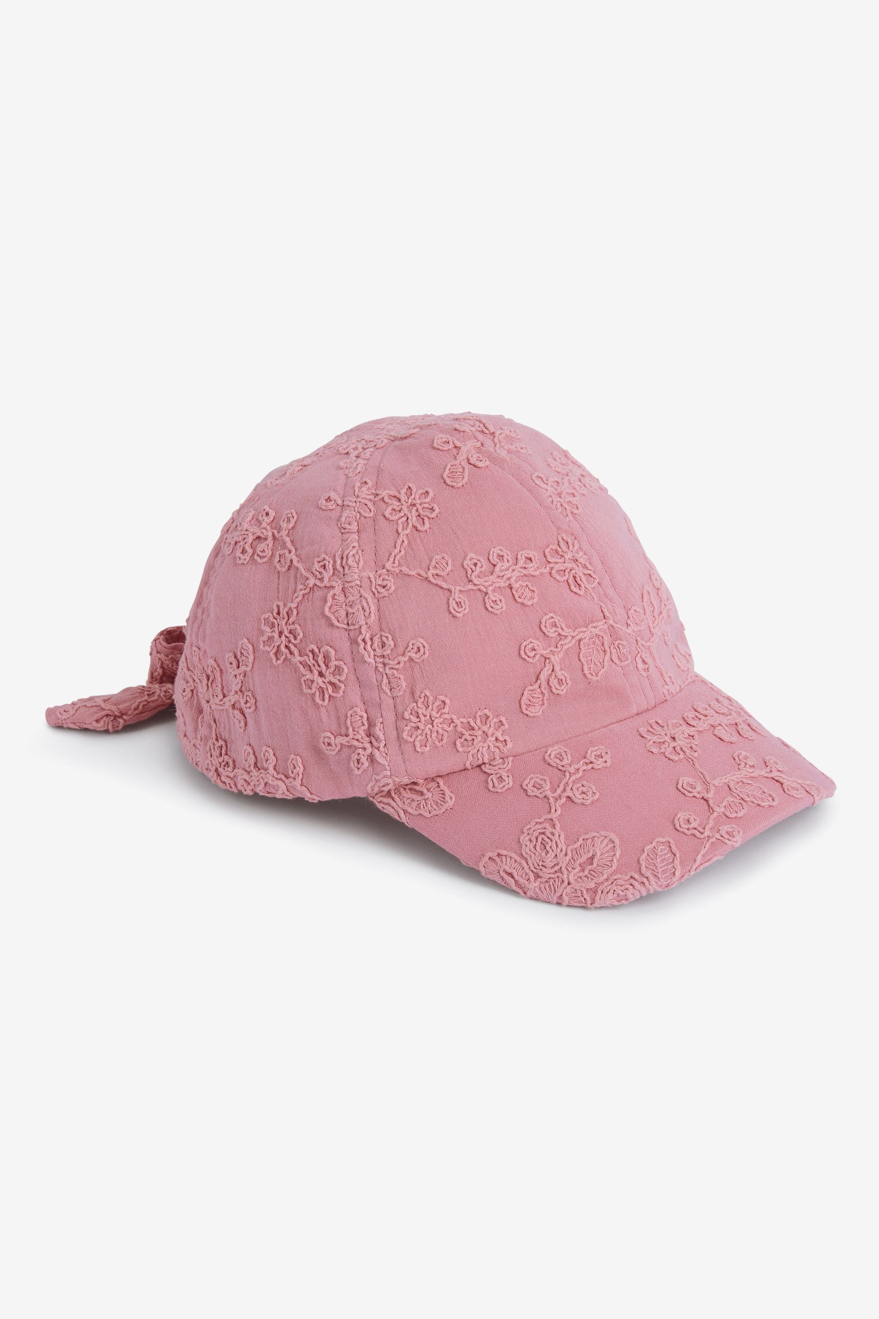 Ecru Cream/Pink Embroidered Bow Back Cap (3mths-6yrs)