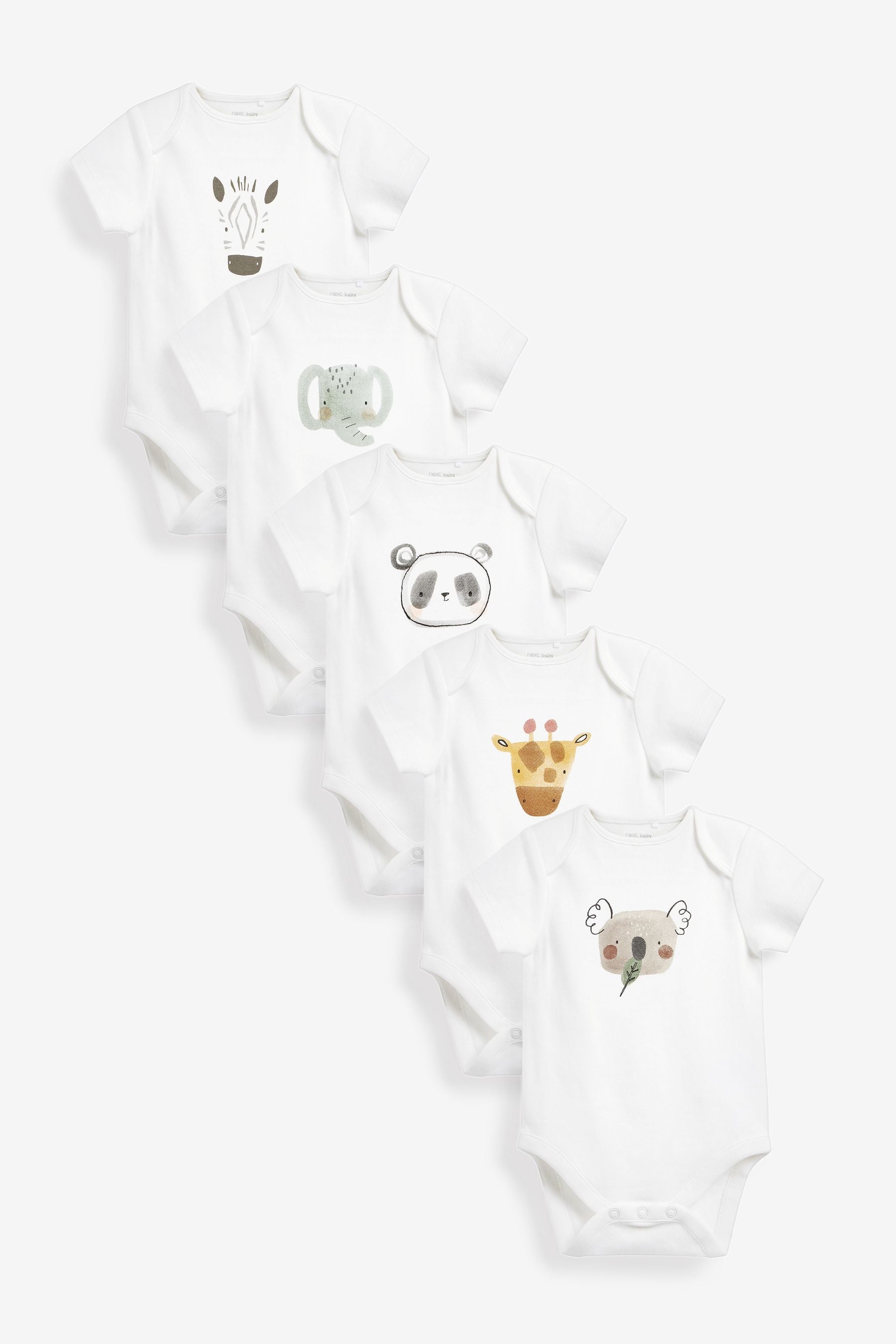 White Safari Character 5 Pack Short Sleeve Baby Bodysuits