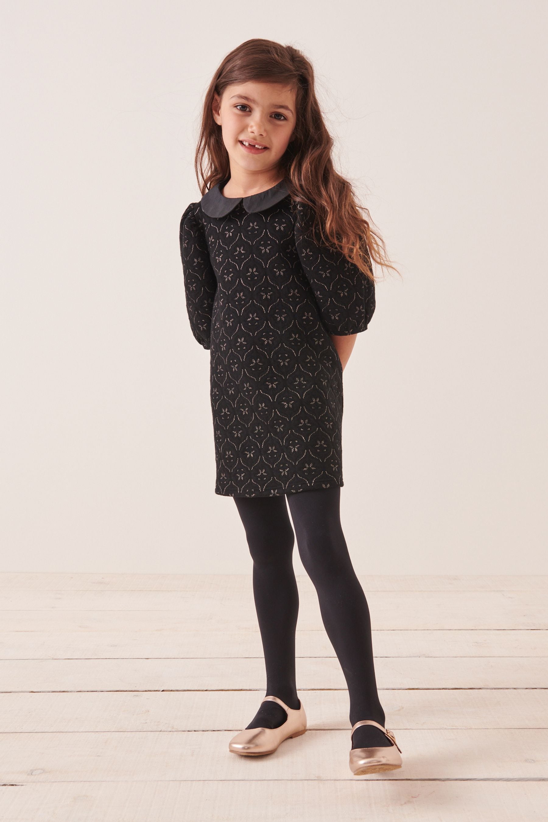 Black/Gold Collar Detail Jacquard Texture Jersey Dress (1.5-16yrs)