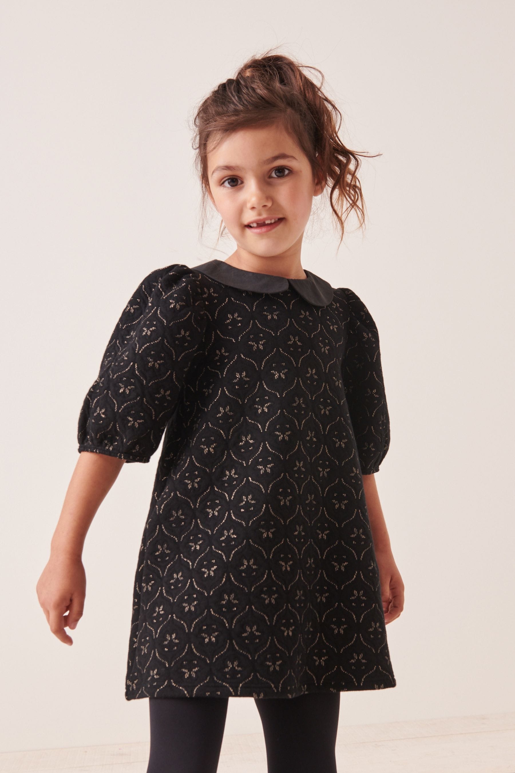 Black/Gold Collar Detail Jacquard Texture Jersey Dress (1.5-16yrs)