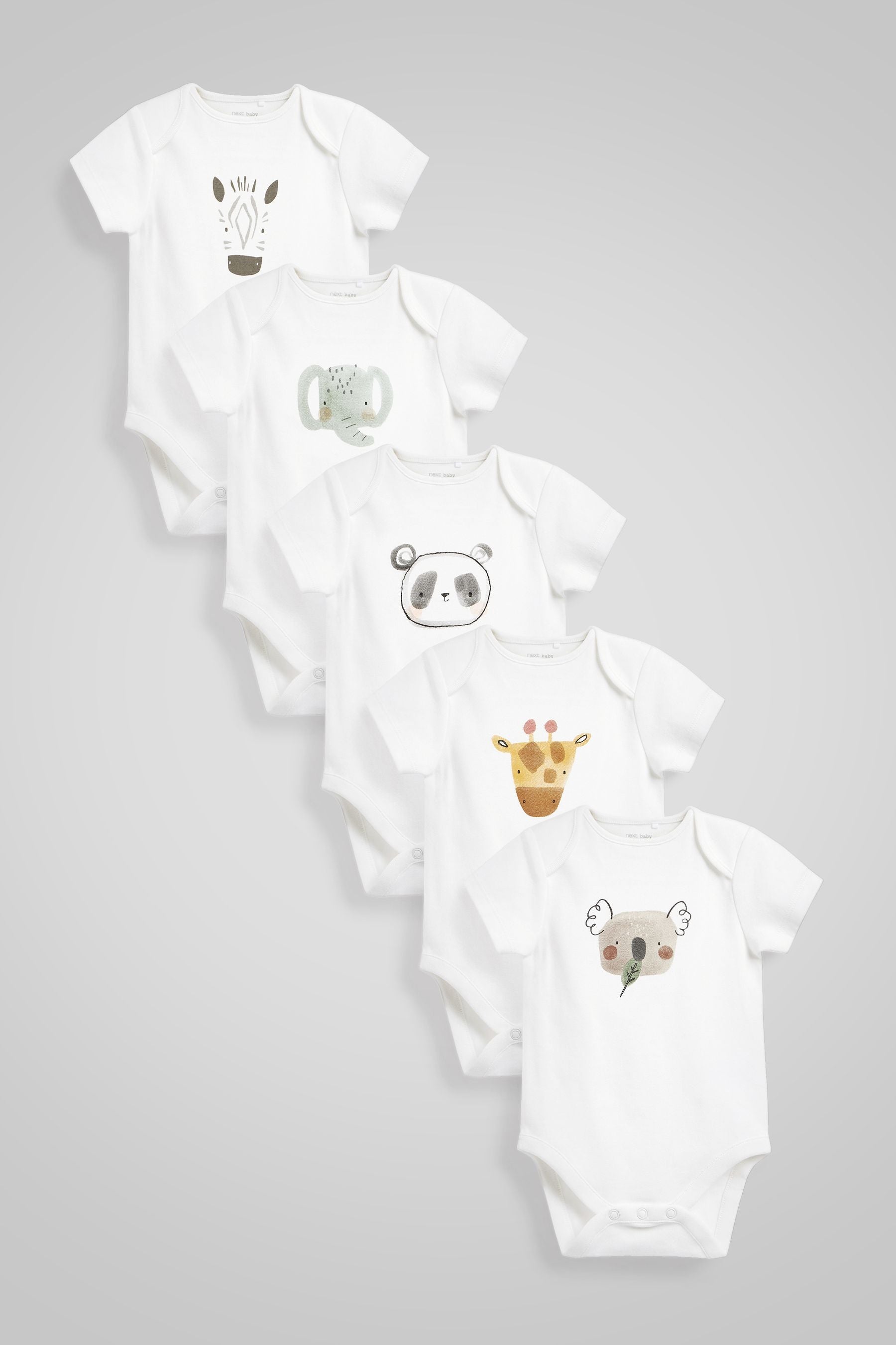 White Safari Character 5 Pack Short Sleeve Baby Bodysuits