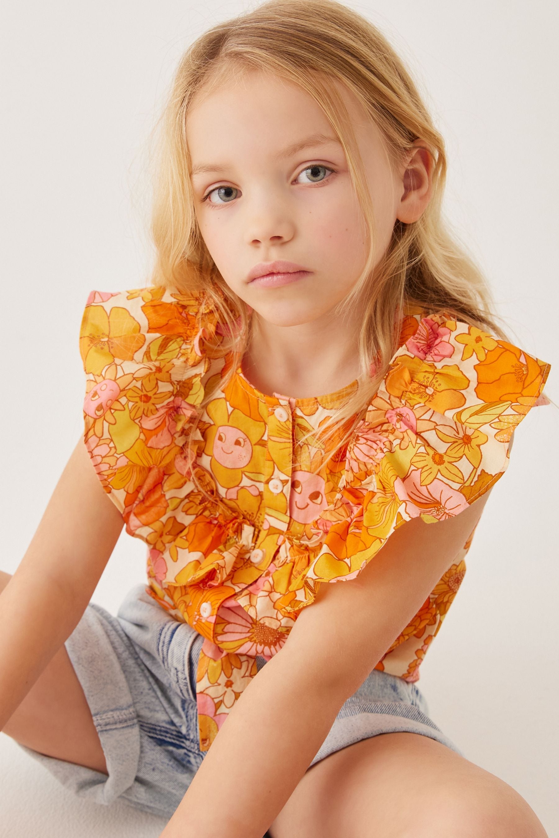 Yellow Retro Print Tie Front Frill Blouse (3-16yrs)