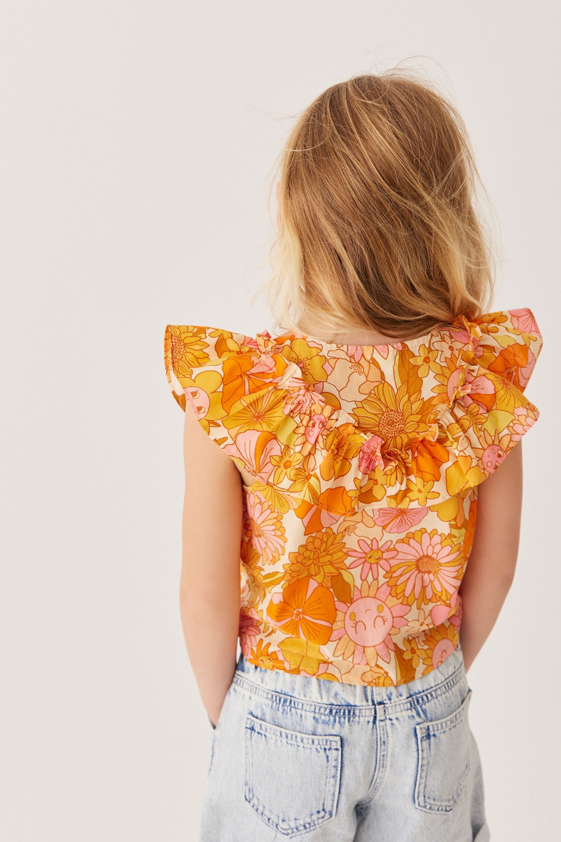 Yellow Retro Print Tie Front Frill Blouse (3-16yrs)