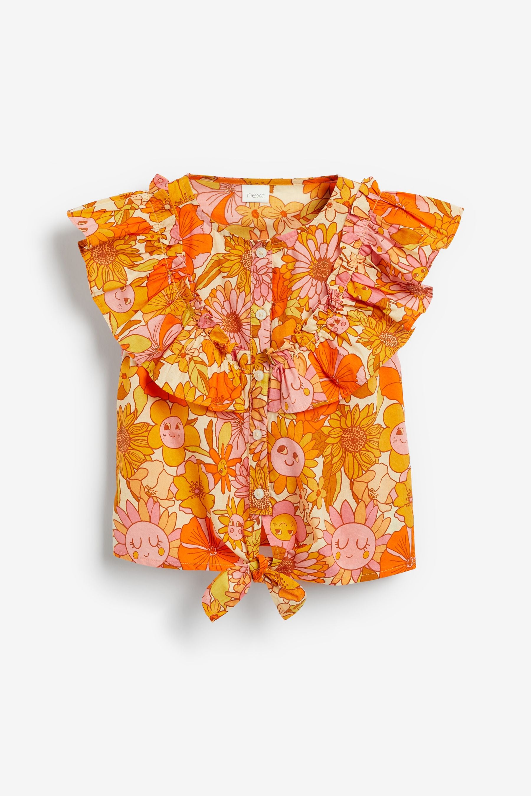 Yellow Retro Print Tie Front Frill Blouse (3-16yrs)