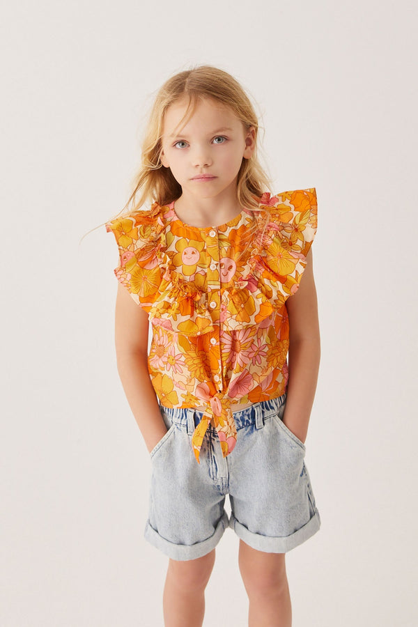 Yellow Retro Print Tie Front Frill Blouse (3-16yrs)