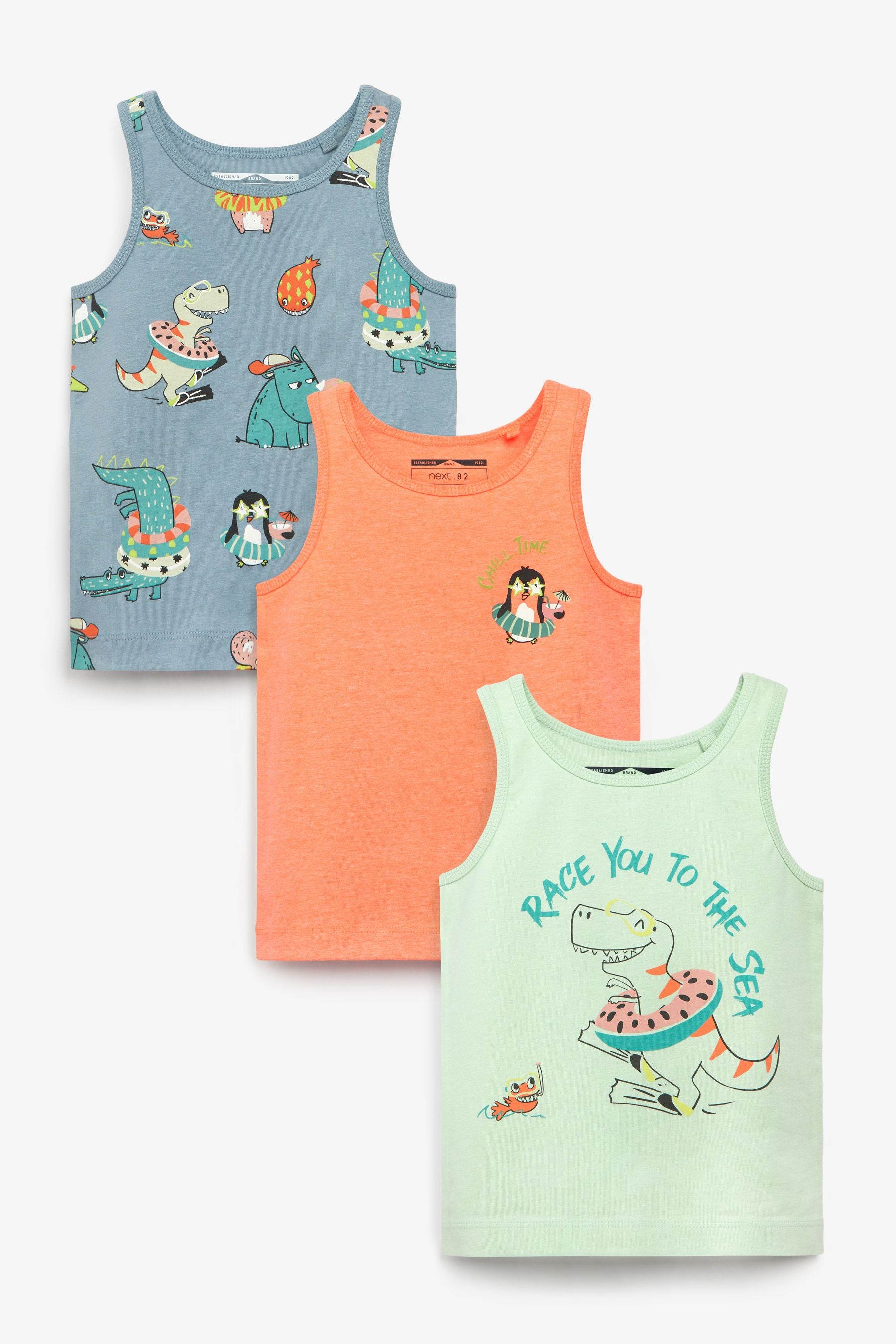 Blue/Orange Dino 3 Pack Jersey Vests (3mths-7yrs)