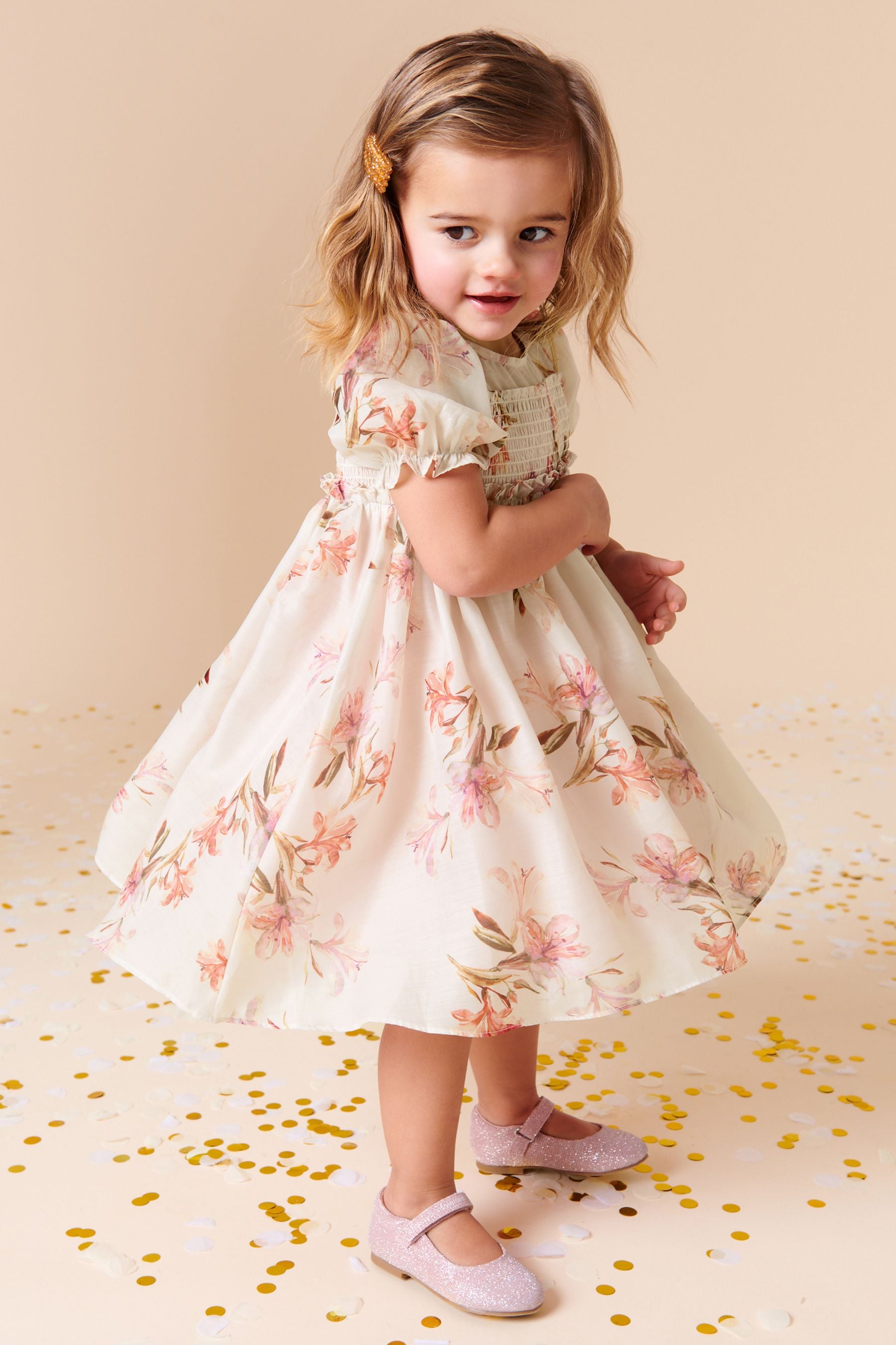 Pink Floral Shirred Organza Dress (3mths-10yrs)