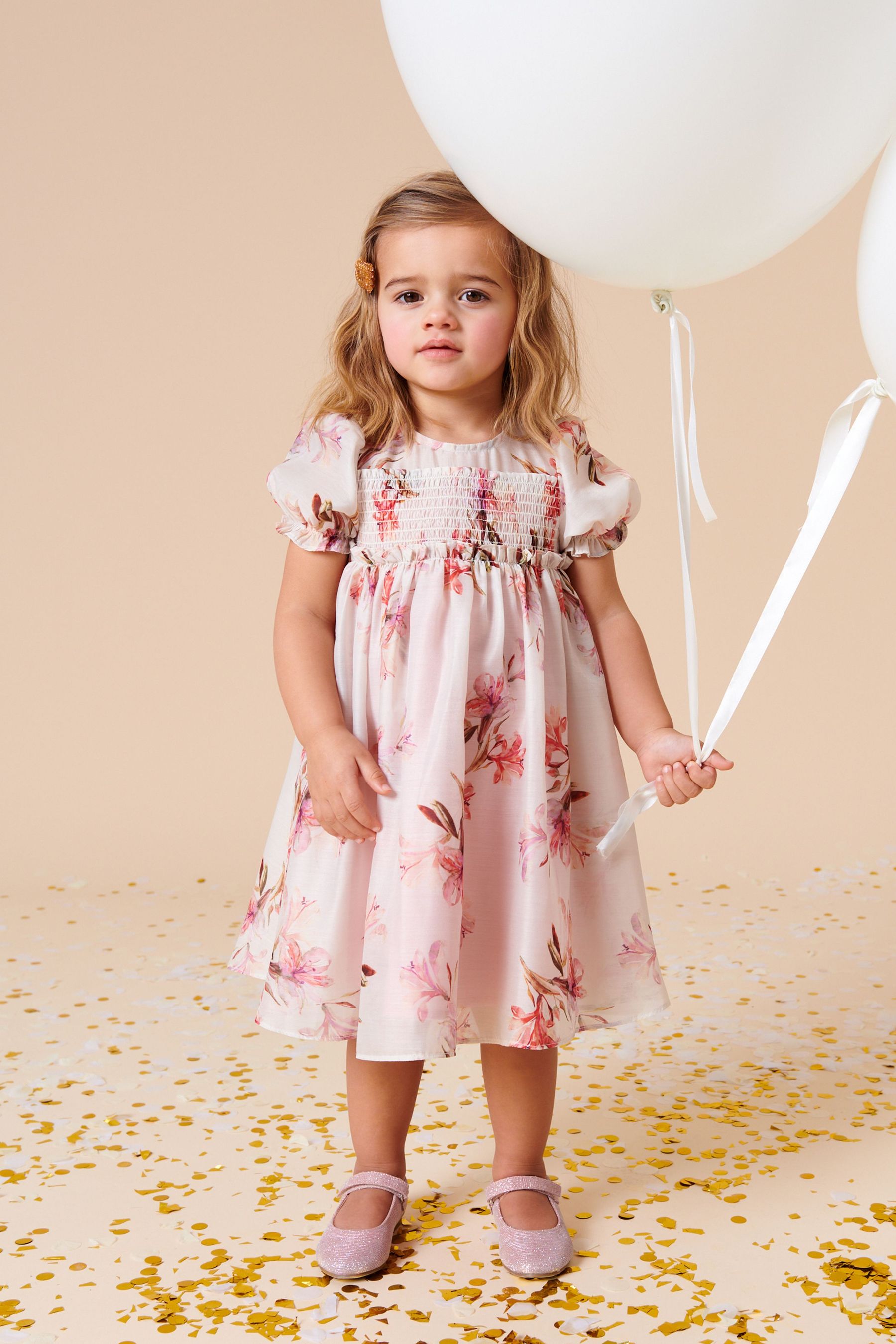 Pink Floral Shirred Organza Dress (3mths-10yrs)