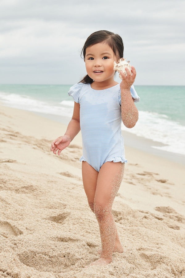 Blue/Ecru White Textured Stripe Swimsuit (3mths-7yrs)