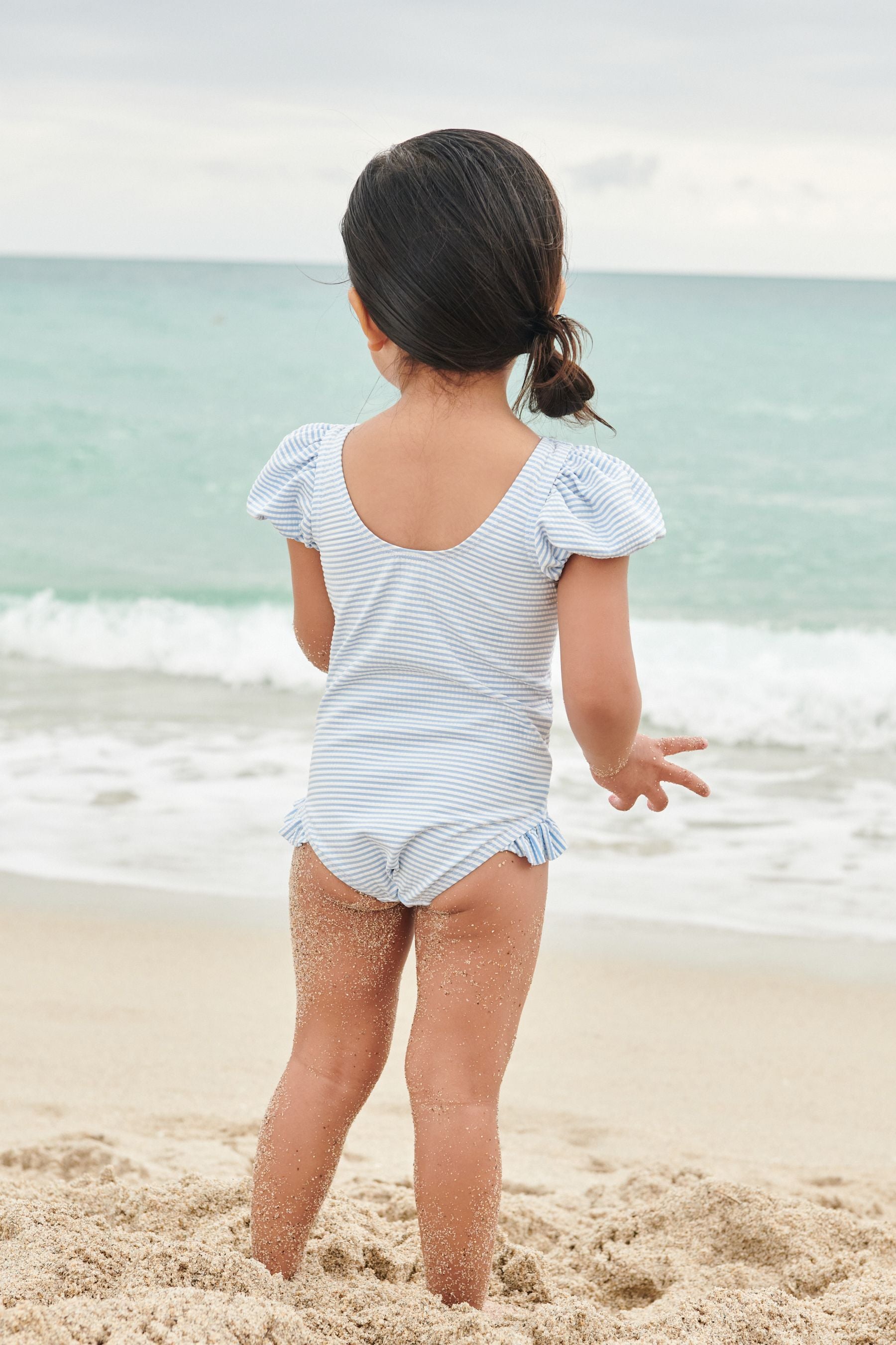 Blue/Ecru White Textured Stripe Swimsuit (3mths-7yrs)