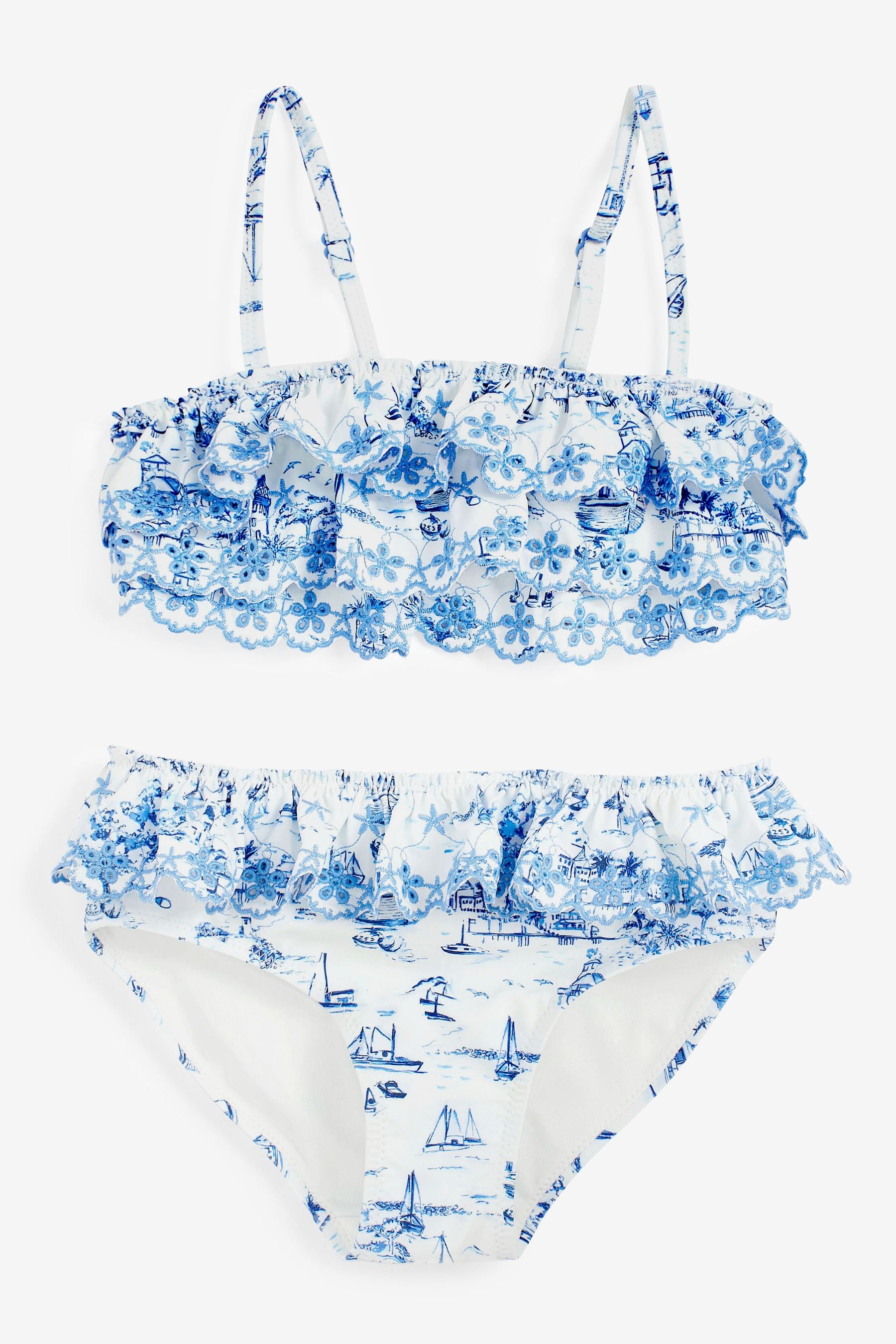 White/Blue Tiered Embroidered Bikini Set (3-16yrs)