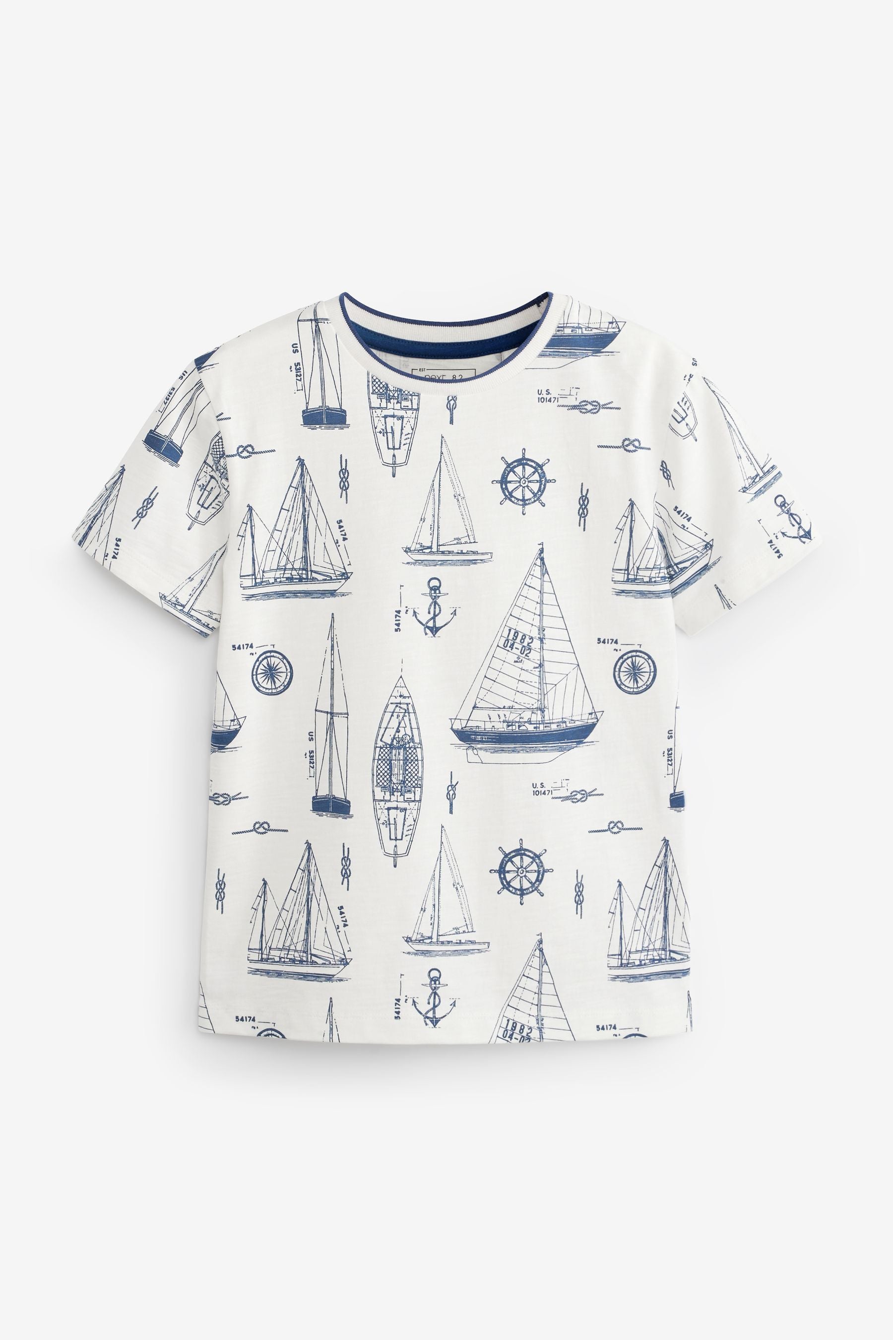 Navy Blue/White Boats 2 Pack Short Sleeve T-Shirts (3-16yrs)