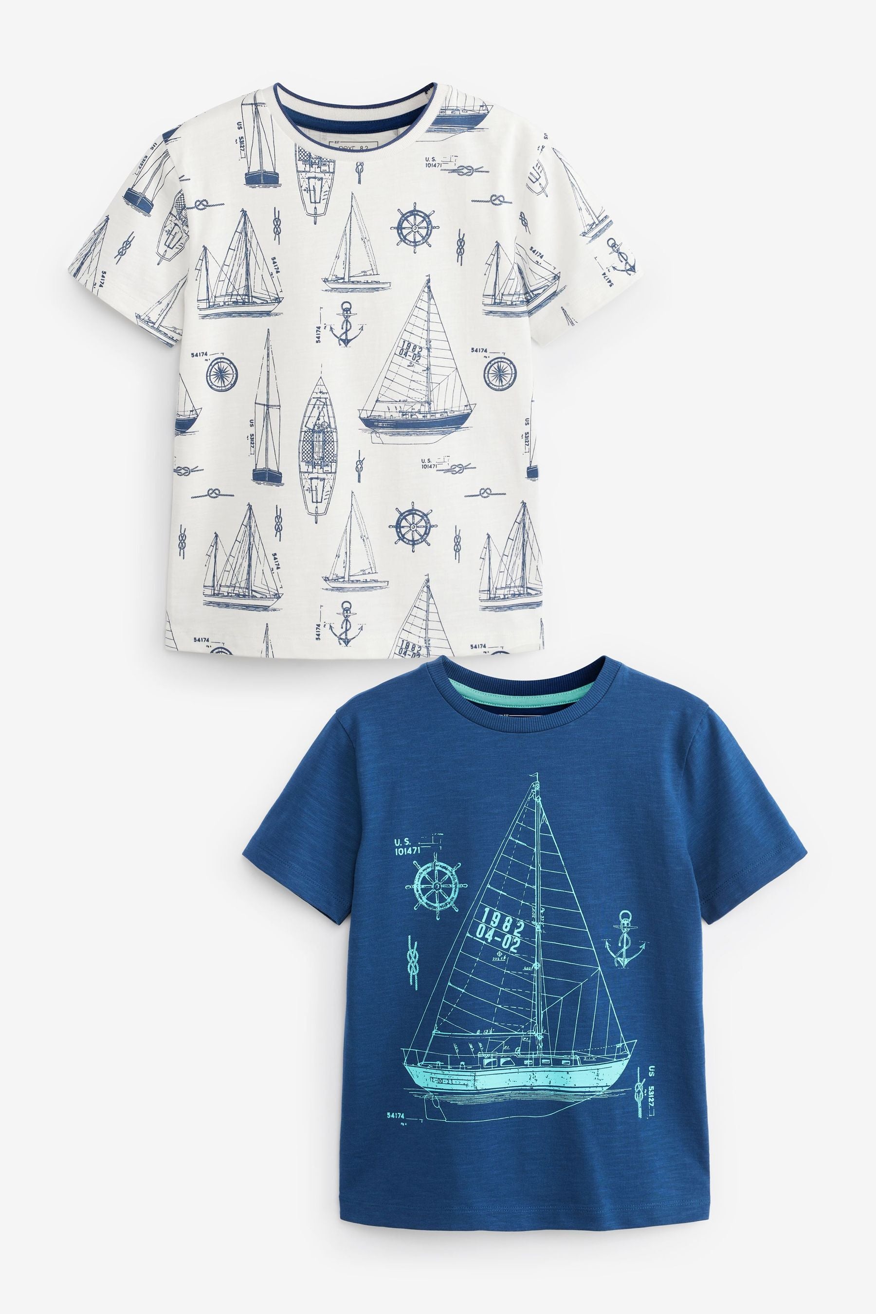 Navy Blue/White Boats 2 Pack Short Sleeve T-Shirts (3-16yrs)