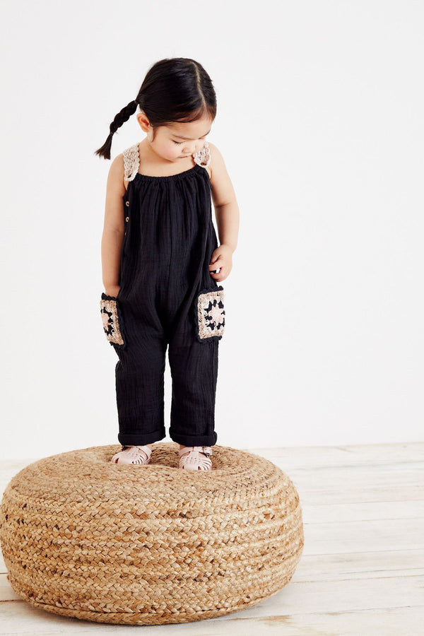 Black/Cream Crochet Pocket Playsuit (3mths-7yrs)