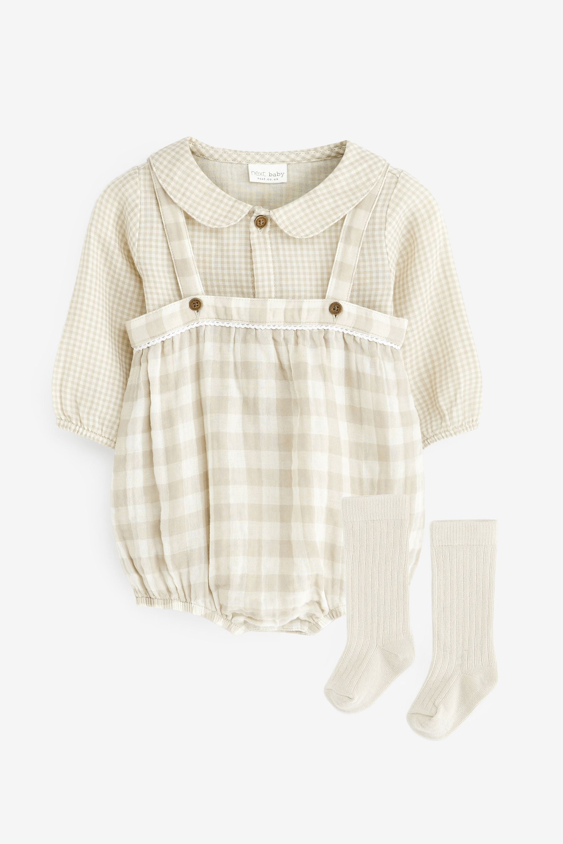 Brown Gingham Premium Baby 3 Piece  Romper Cardigan & Sock Set (0mths-2yrs)