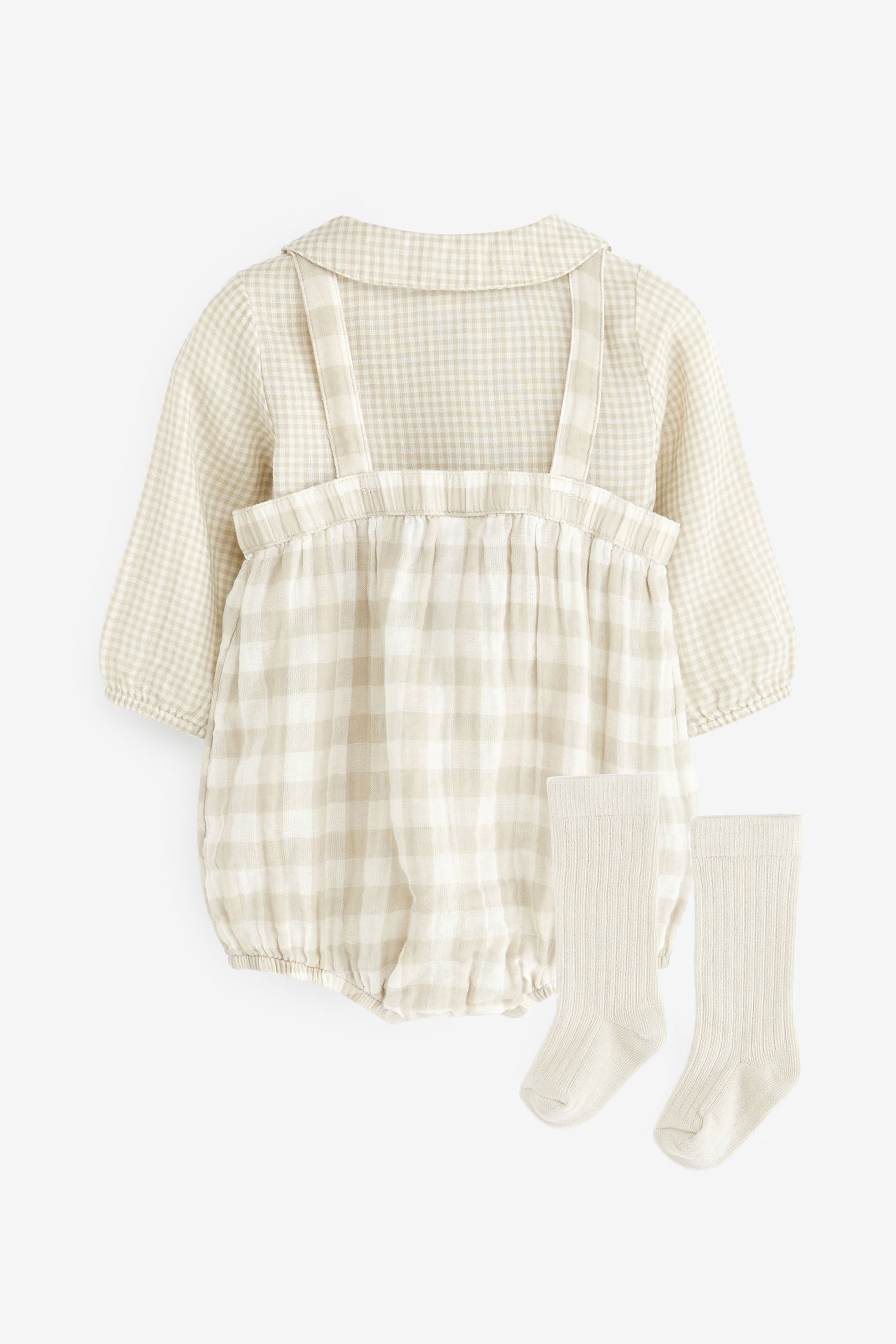 Brown Gingham Premium Baby 3 Piece  Romper Cardigan & Sock Set (0mths-2yrs)