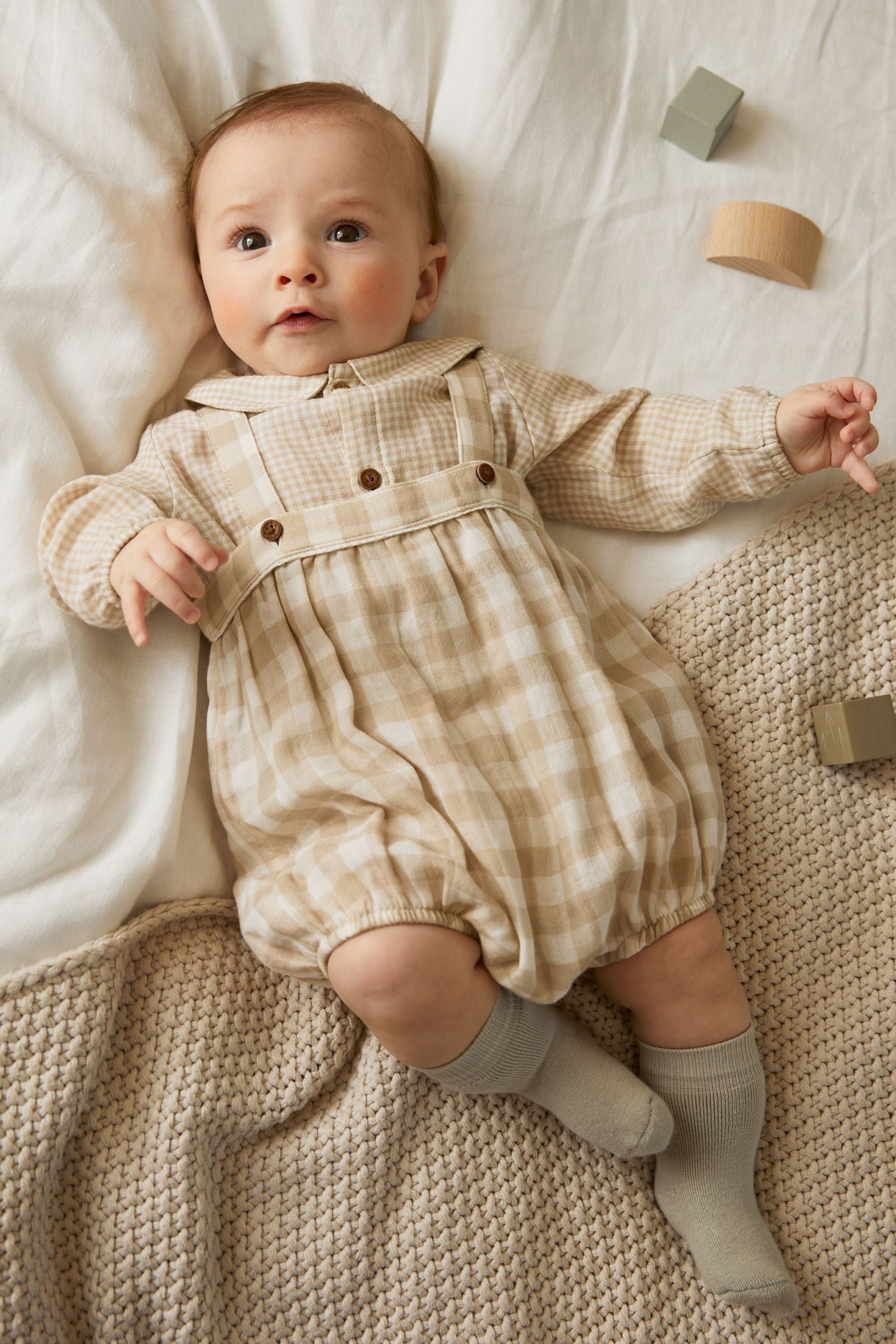 Brown Gingham Premium Baby 3 Piece  Romper Cardigan & Sock Set (0mths-2yrs)