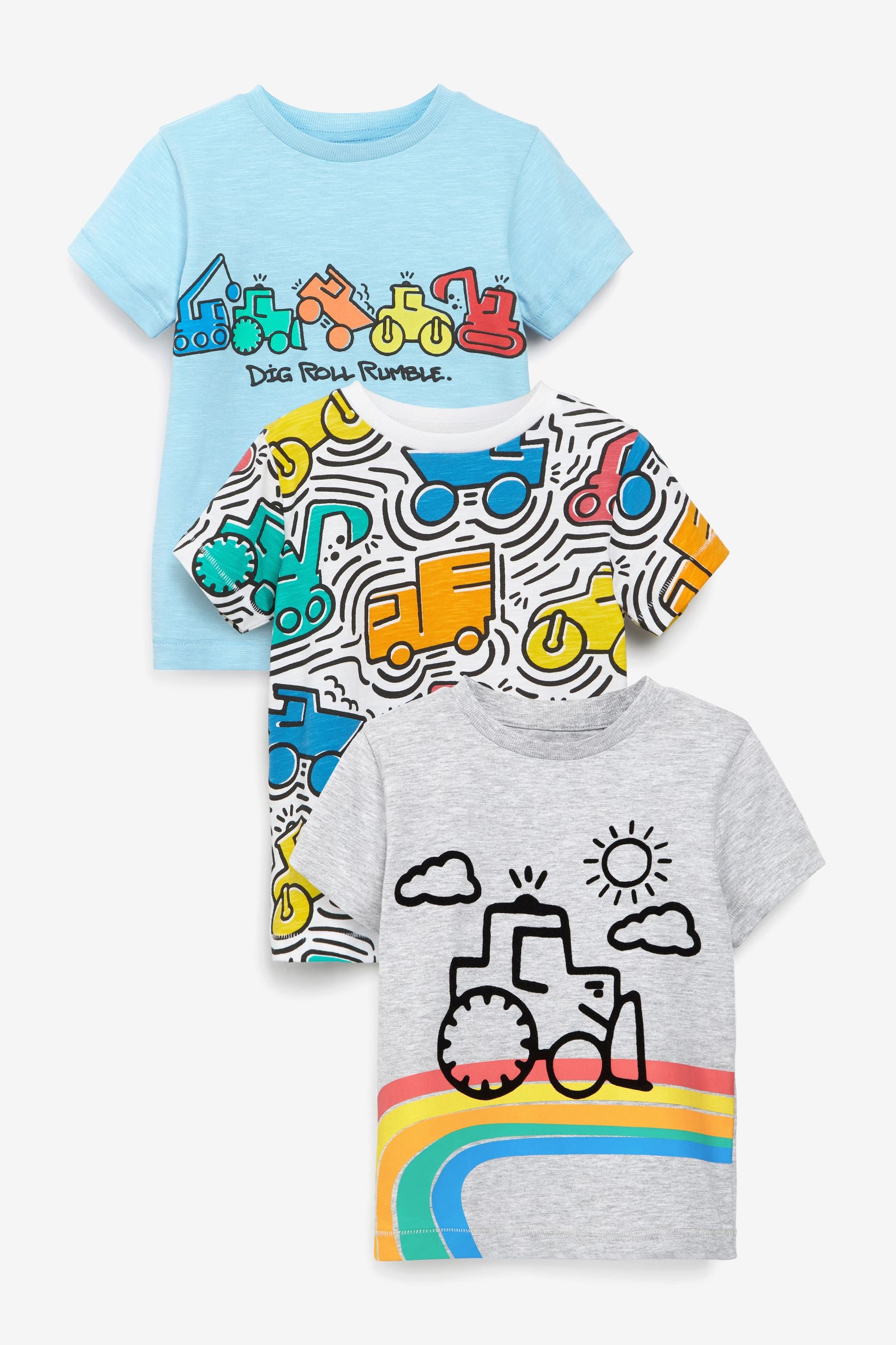 Blue/Grey Rainbow Digger 3 Pack T-Shirts (3mths-7yrs)