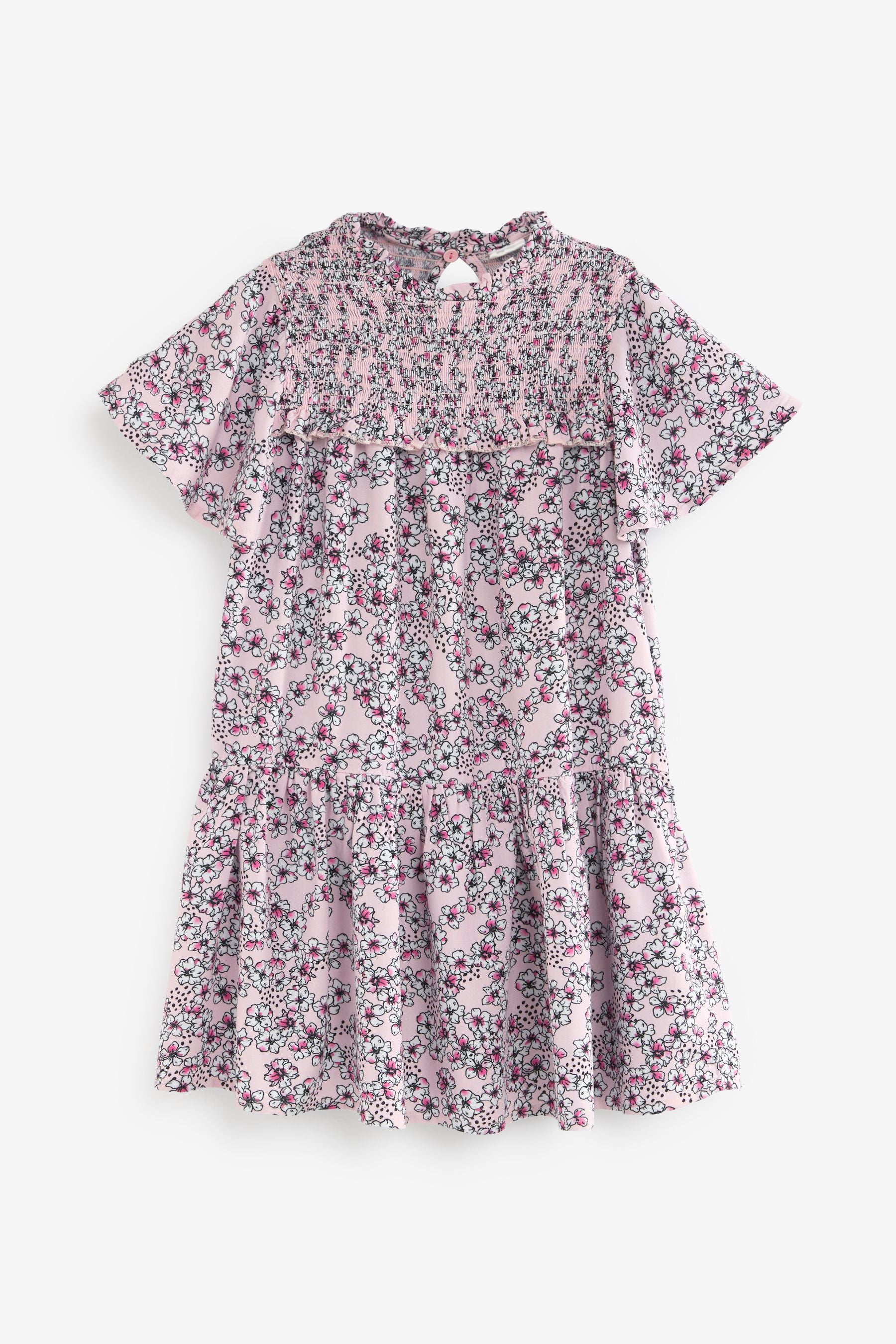 Pink Floral Print Angel Sleeve Dress (3-16yrs)