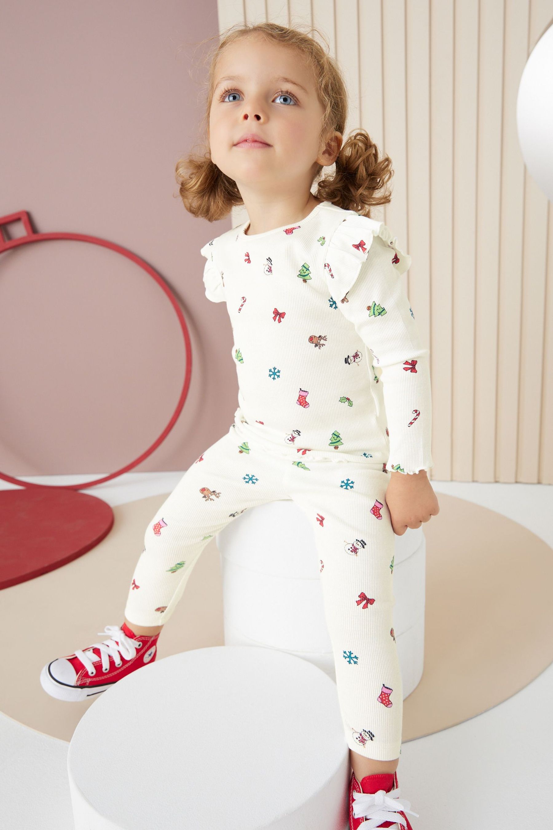 Cream Christmas Long Sleeve Rib T-Shirt And Leggings Set (3mths-7yrs)