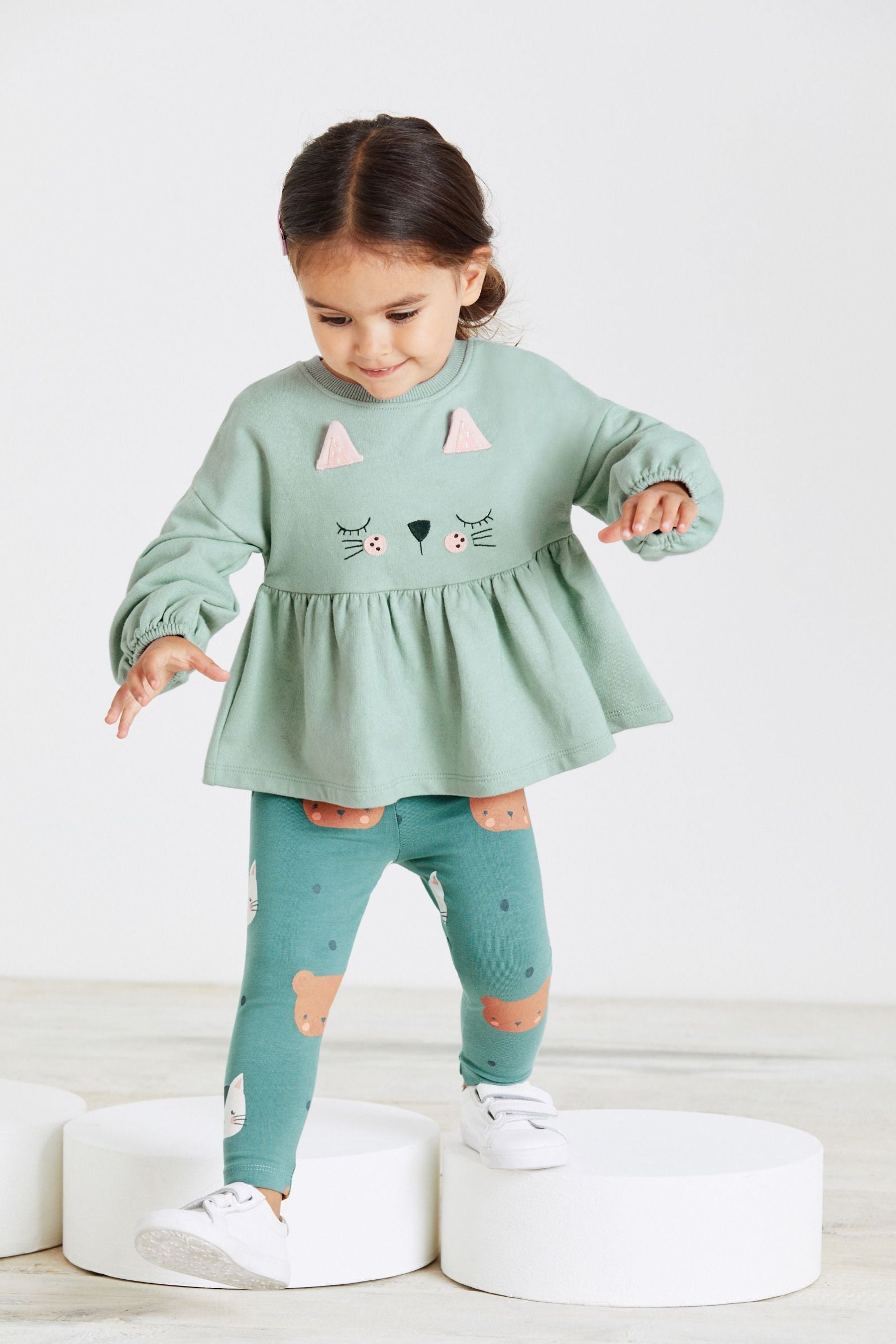 Mint Green Cat Long Sleeve Cotton Top and Legging Set (3mths-7yrs)