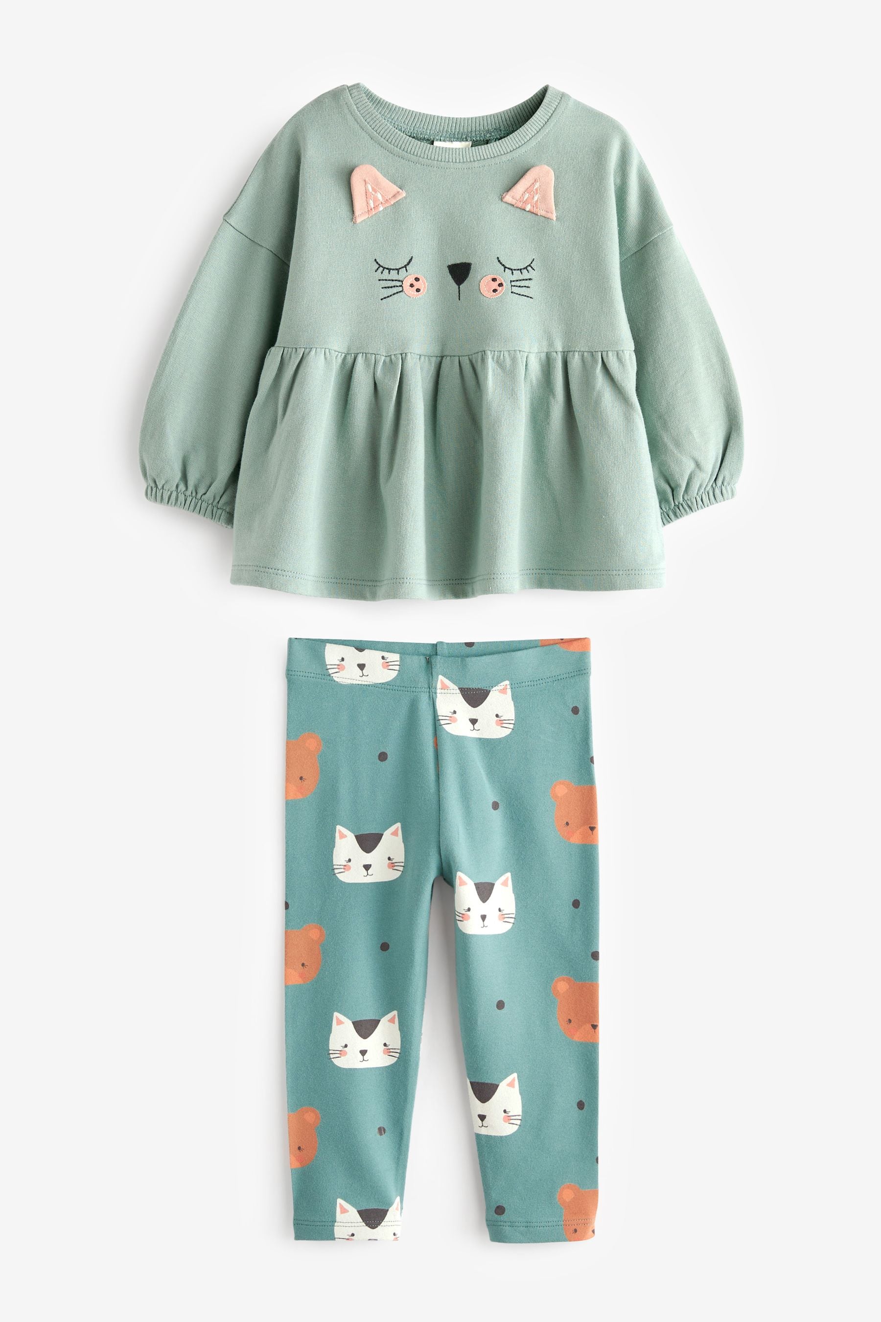 Mint Green Cat Long Sleeve Cotton Top and Legging Set (3mths-7yrs)