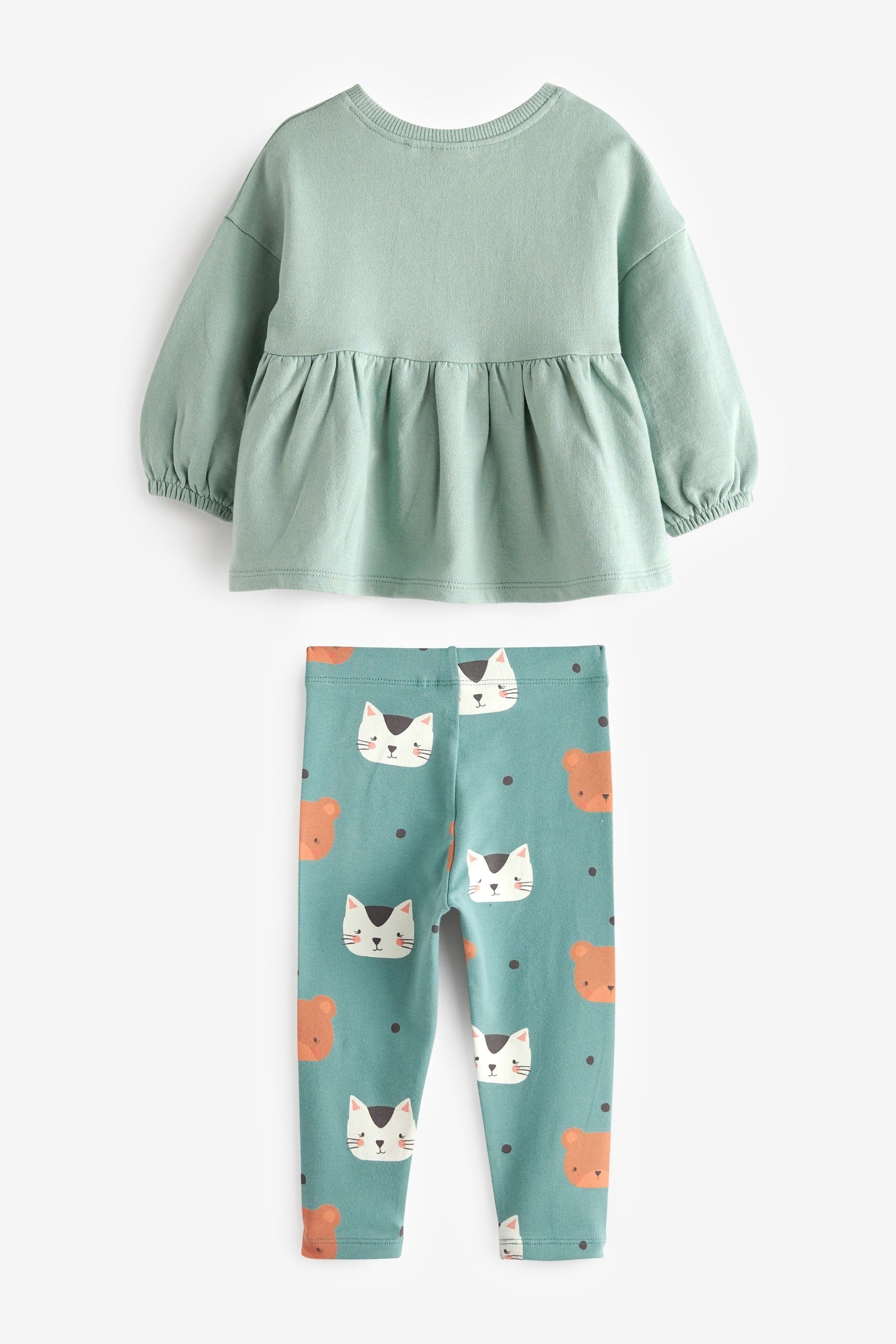 Mint Green Cat Long Sleeve Cotton Top and Legging Set (3mths-7yrs)