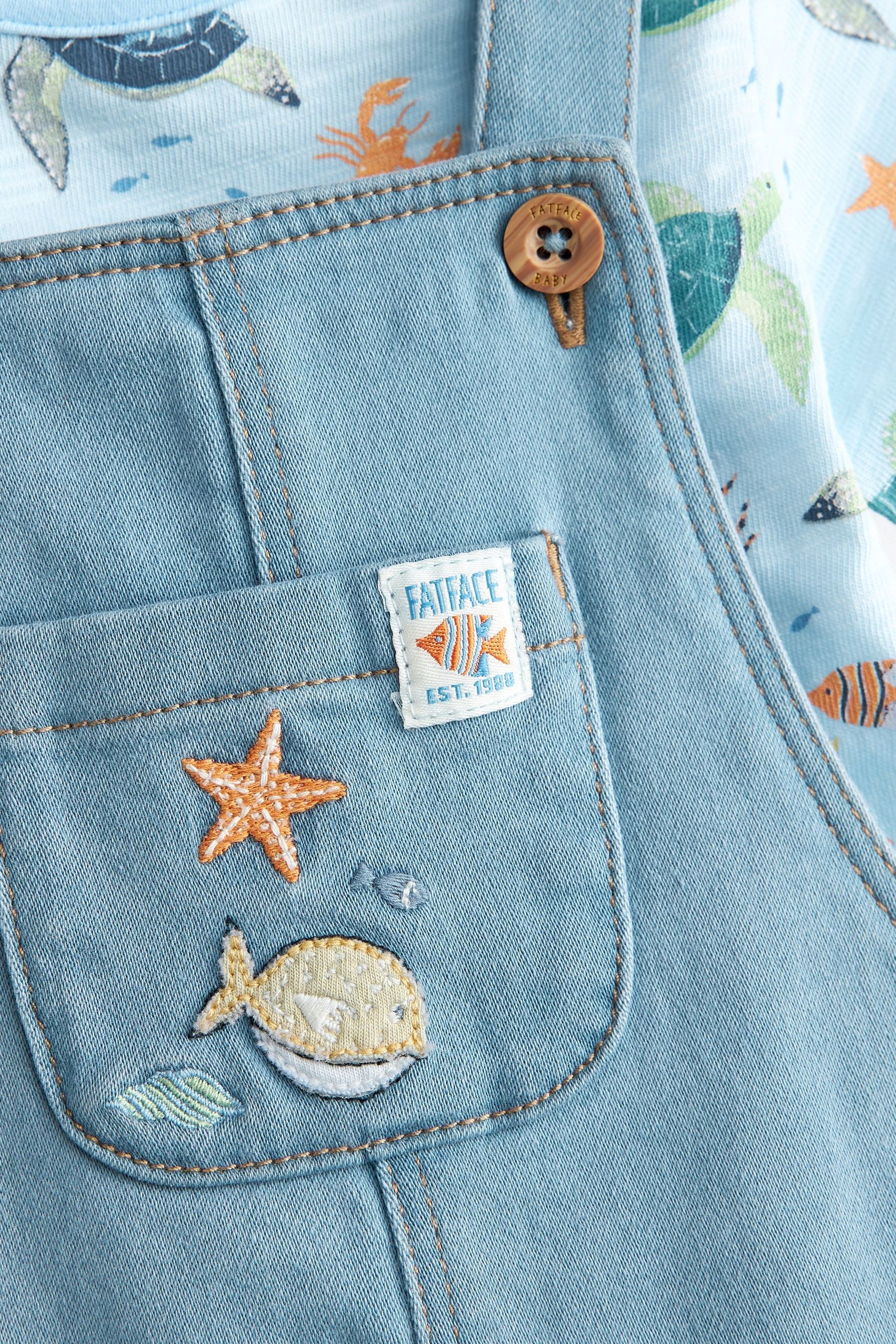 FatFace Baby Denim Crew Blue Turtle Dungaree Set