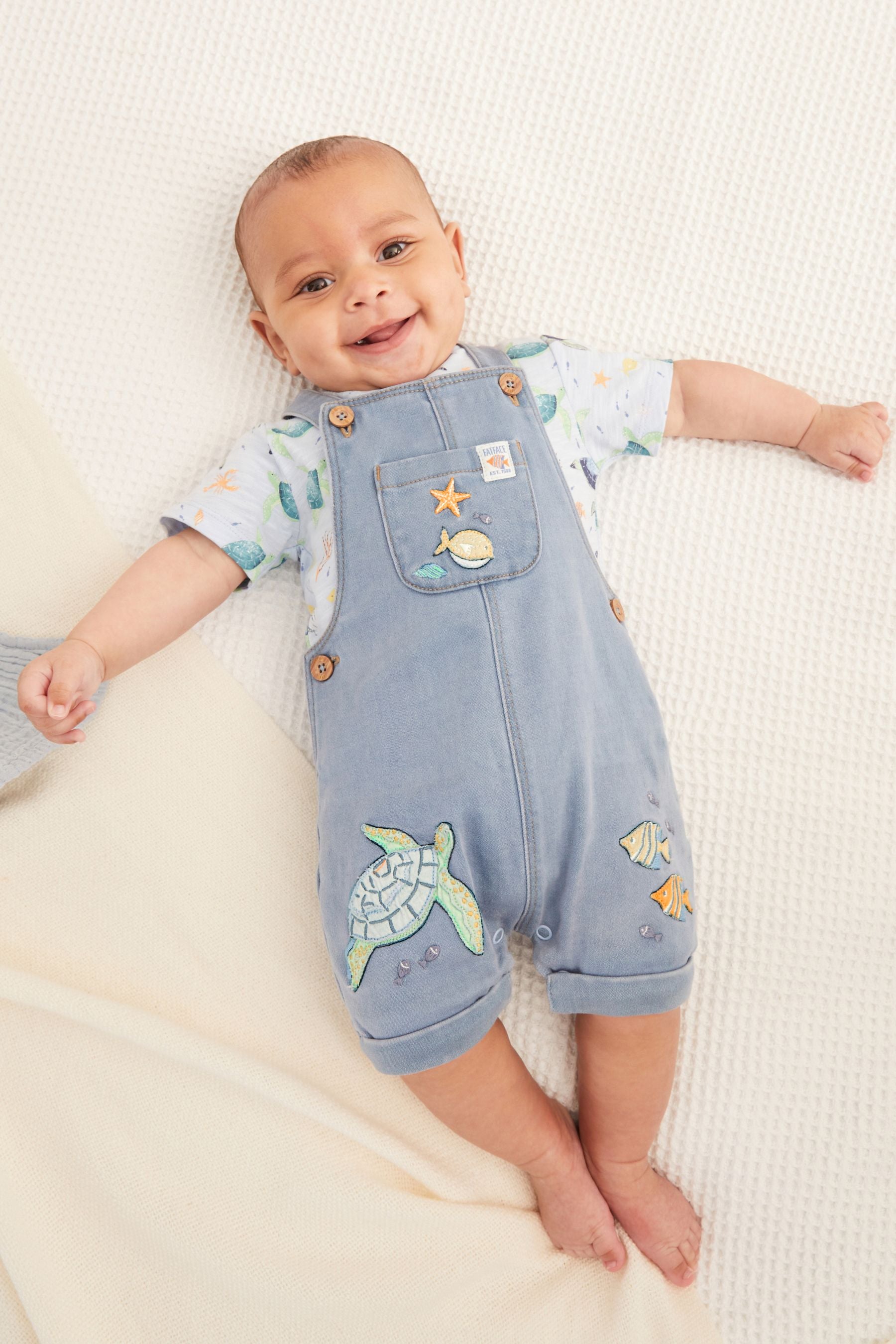 FatFace Baby Denim Crew Blue Turtle Dungaree Set