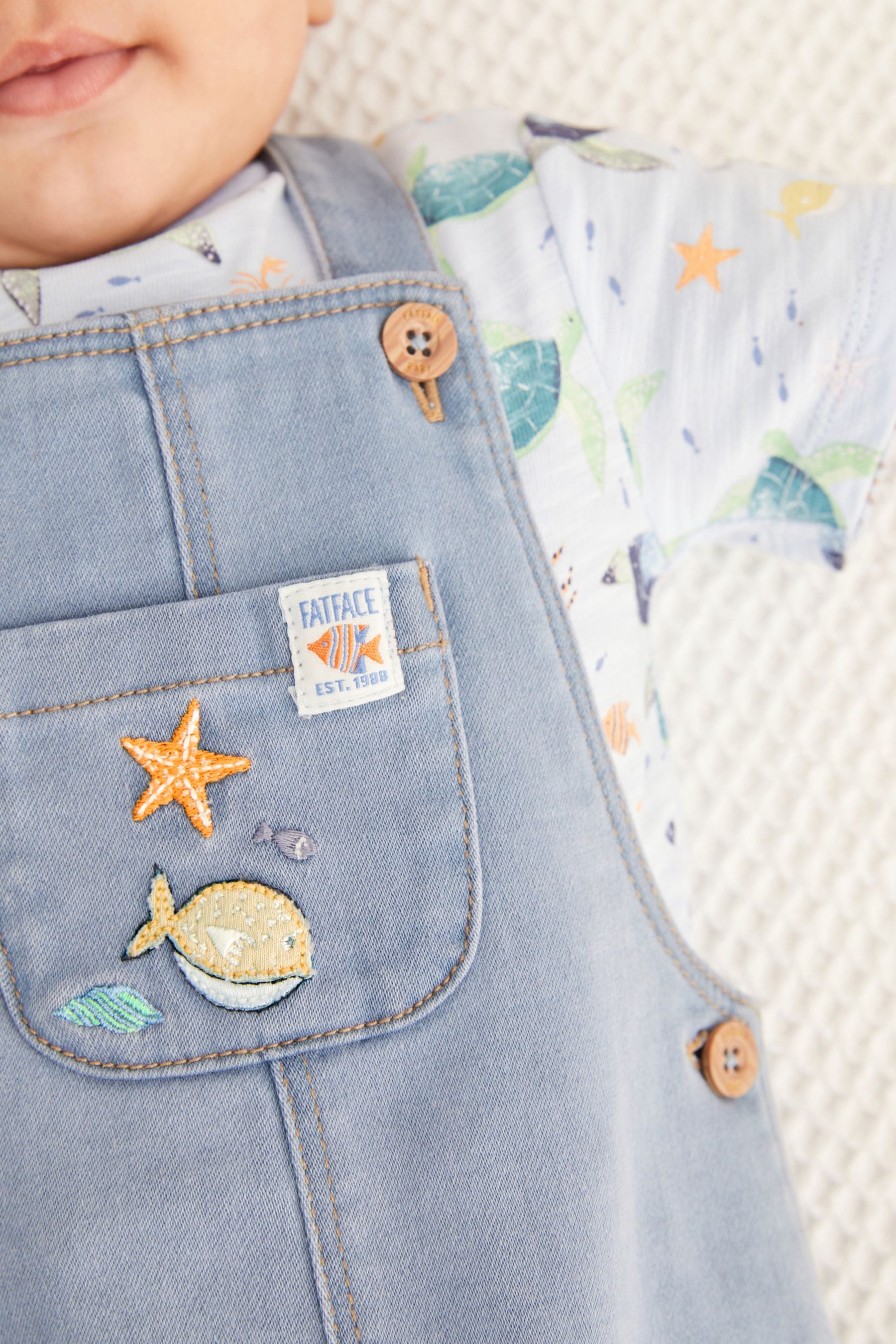 FatFace Baby Denim Crew Blue Turtle Dungaree Set