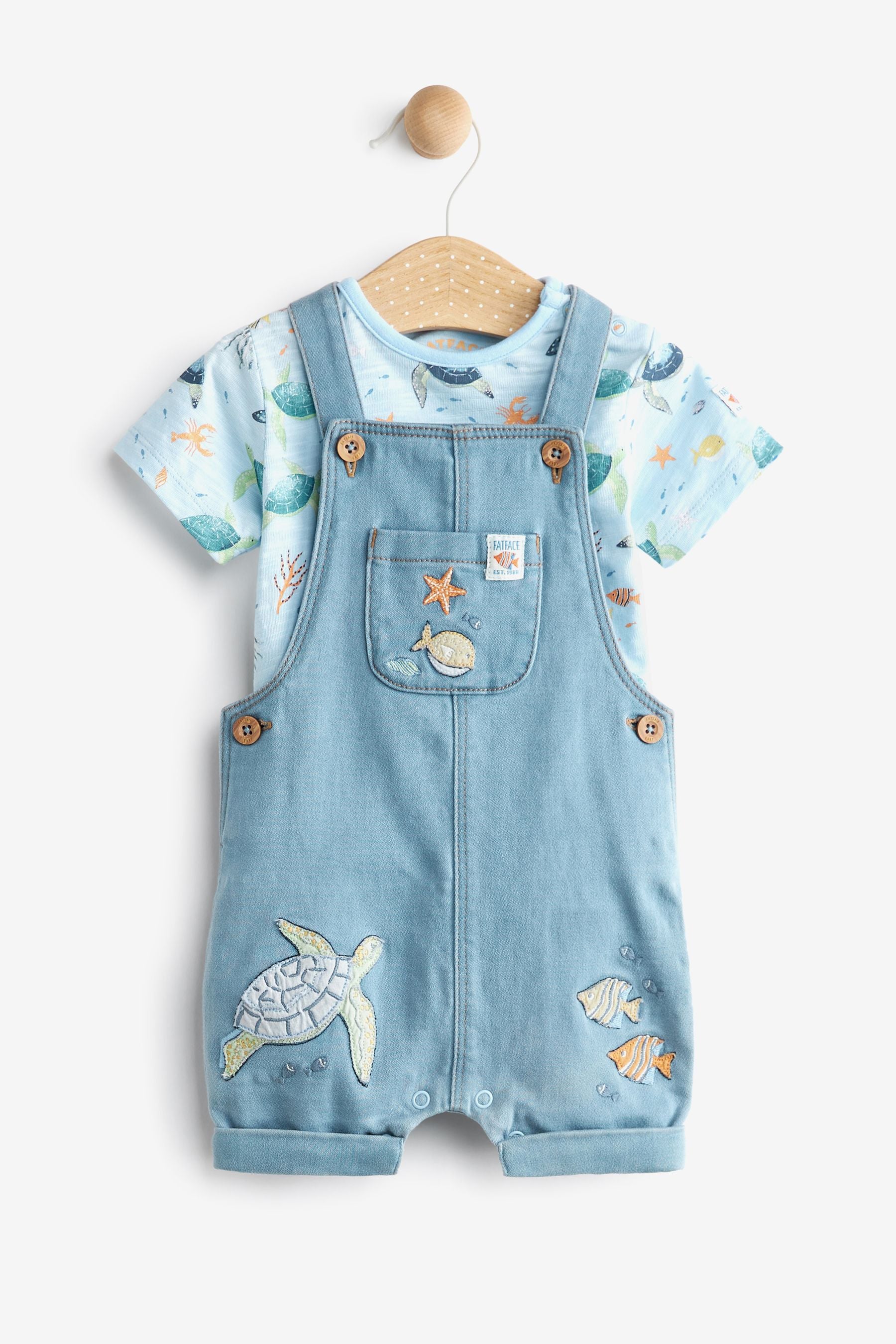 FatFace Baby Denim Crew Blue Turtle Dungaree Set