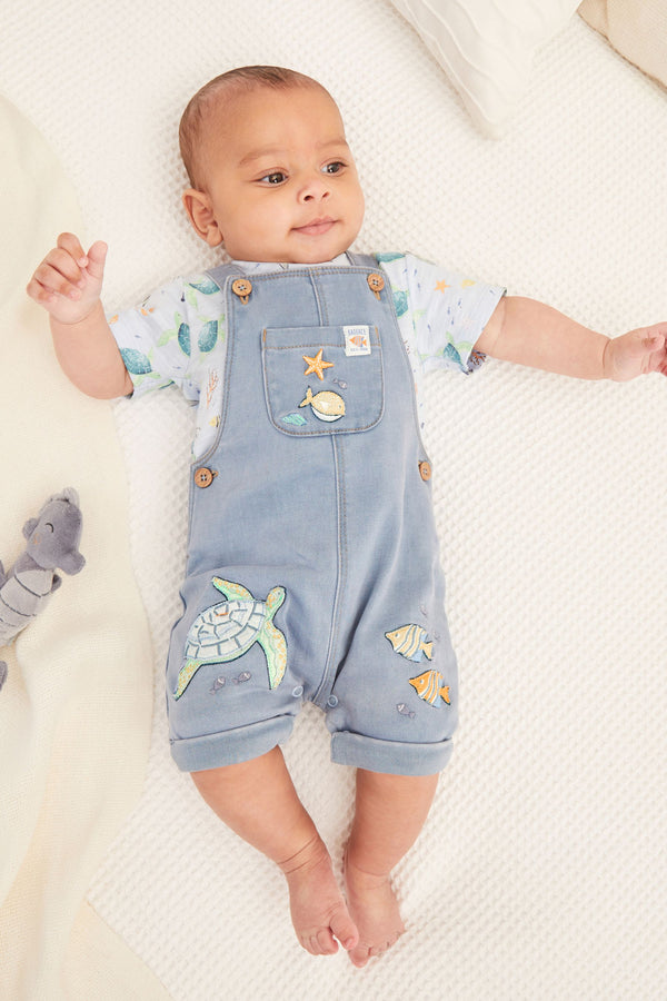 FatFace Baby Denim Crew Blue Turtle Dungaree Set