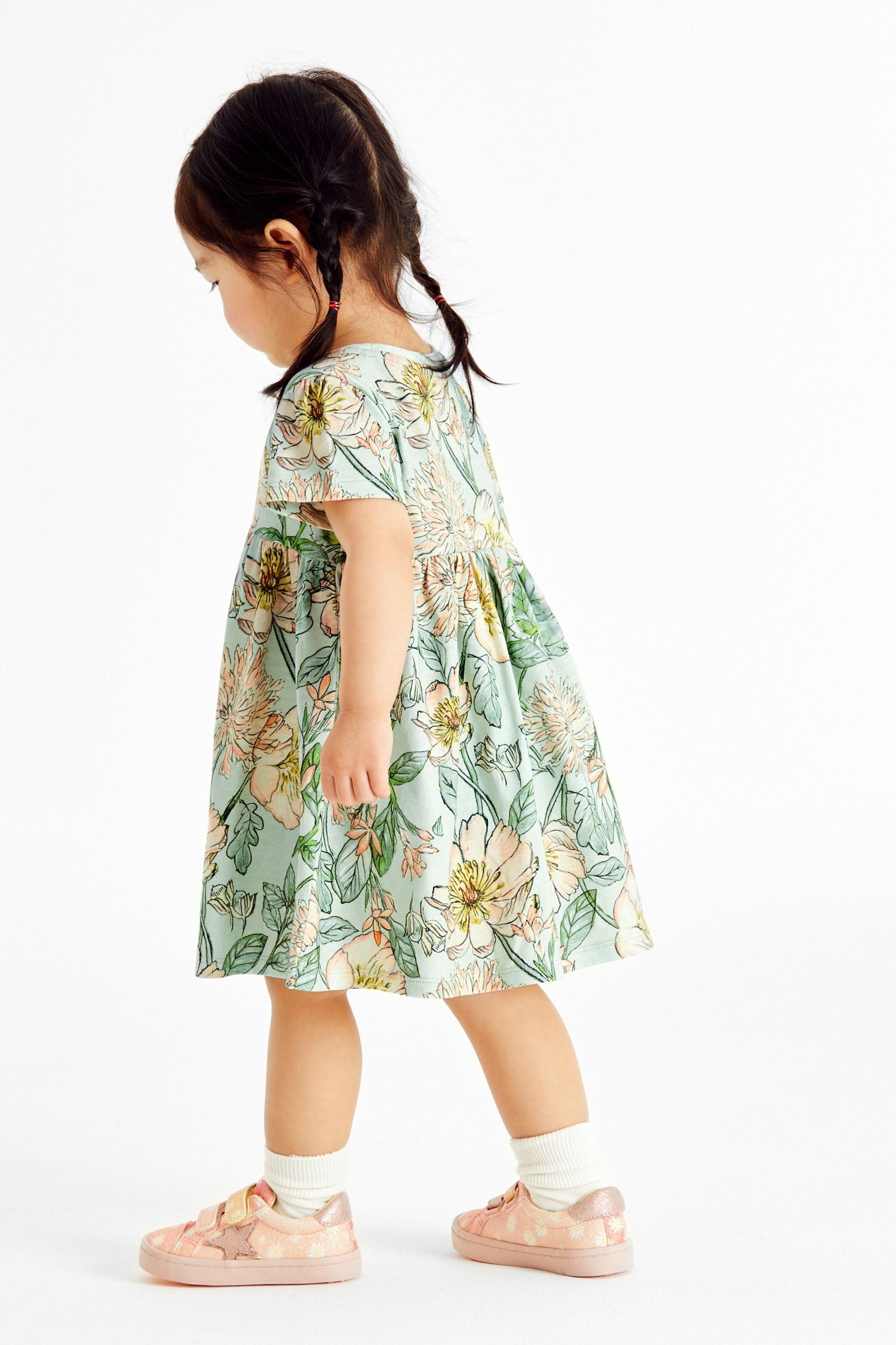 Green Floral Short Sleeve Jersey Dress (3mths-7yrs)