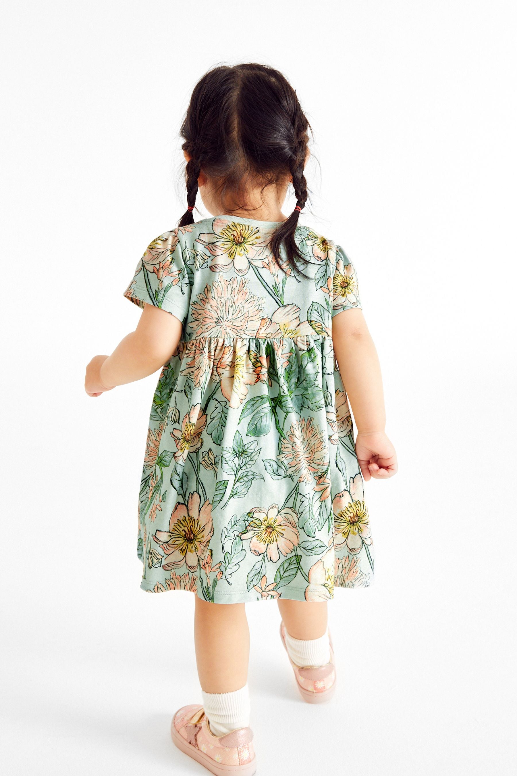 Green Floral Short Sleeve Jersey Dress (3mths-7yrs)