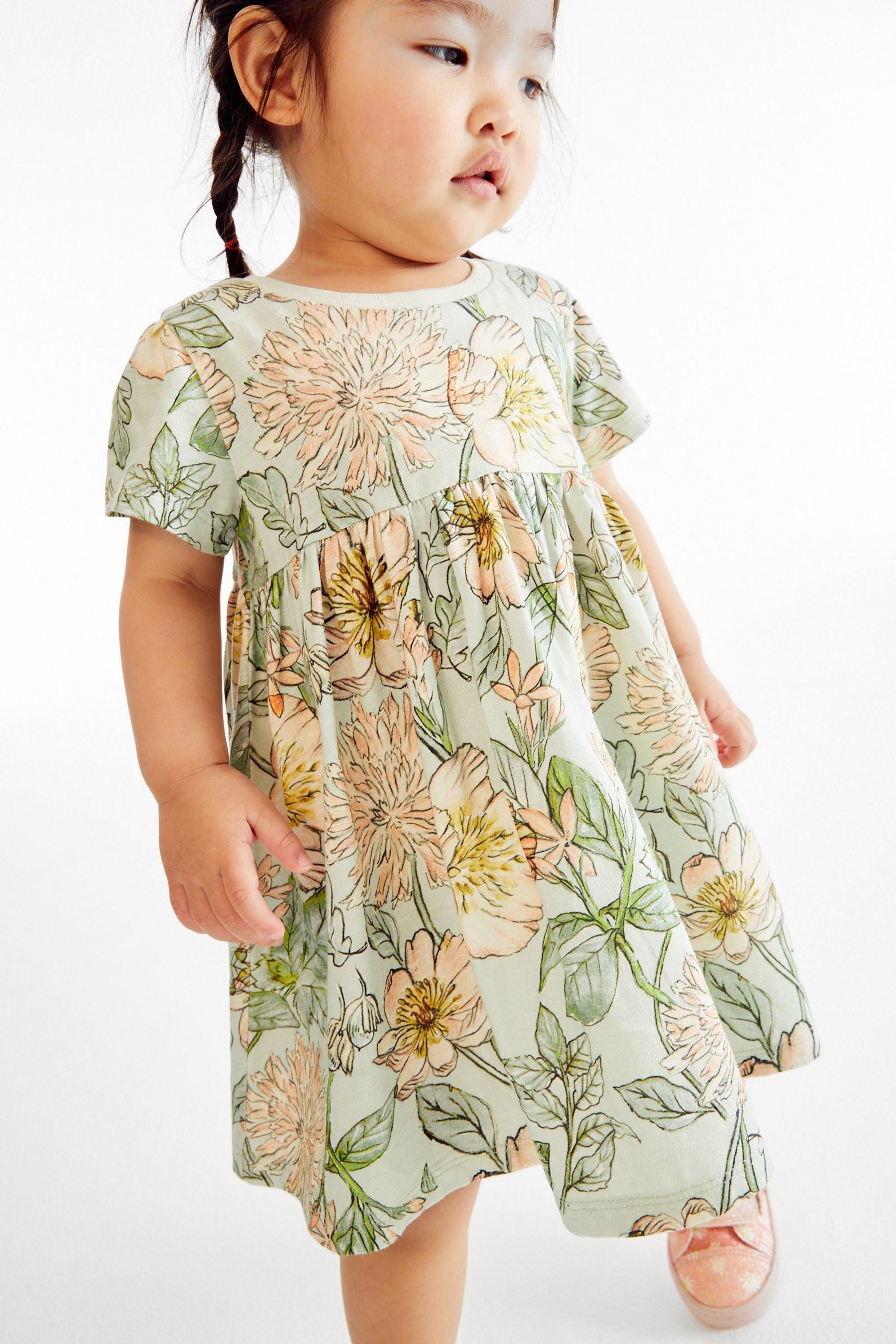 Green Floral Short Sleeve Jersey Dress (3mths-7yrs)