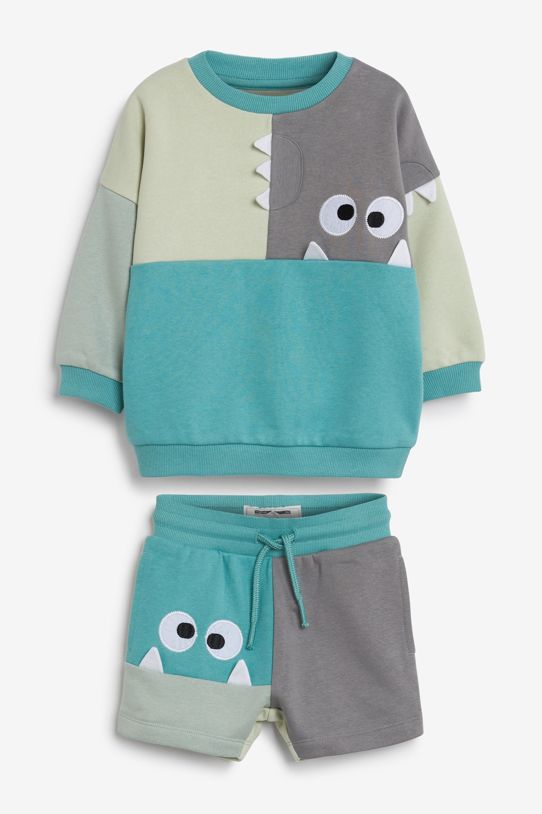 Teal Blue Monster Colourblock Jersey Sweatshirt & Short Set (3mths-7yrs)