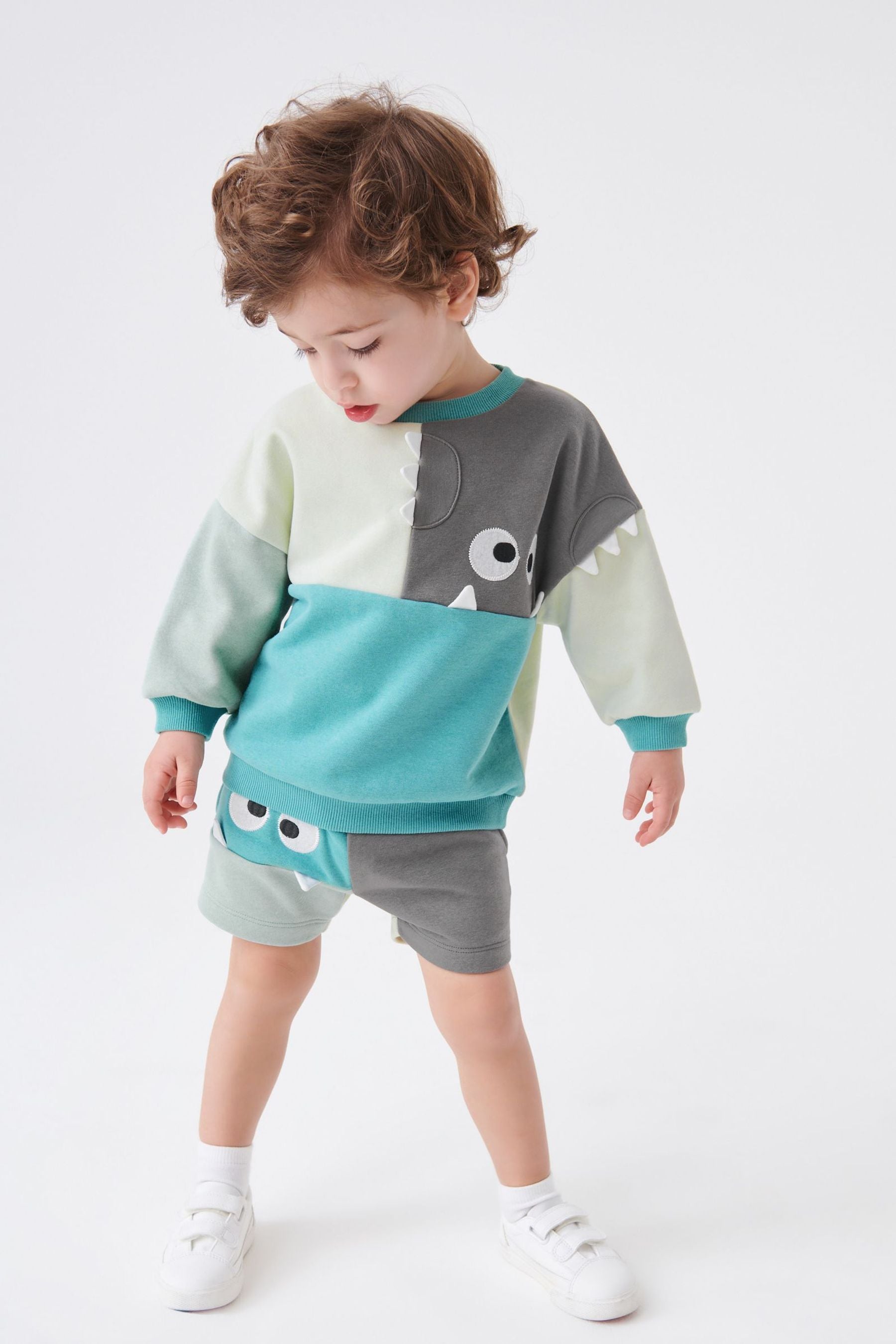 Teal Blue Monster Colourblock Jersey Sweatshirt & Short Set (3mths-7yrs)