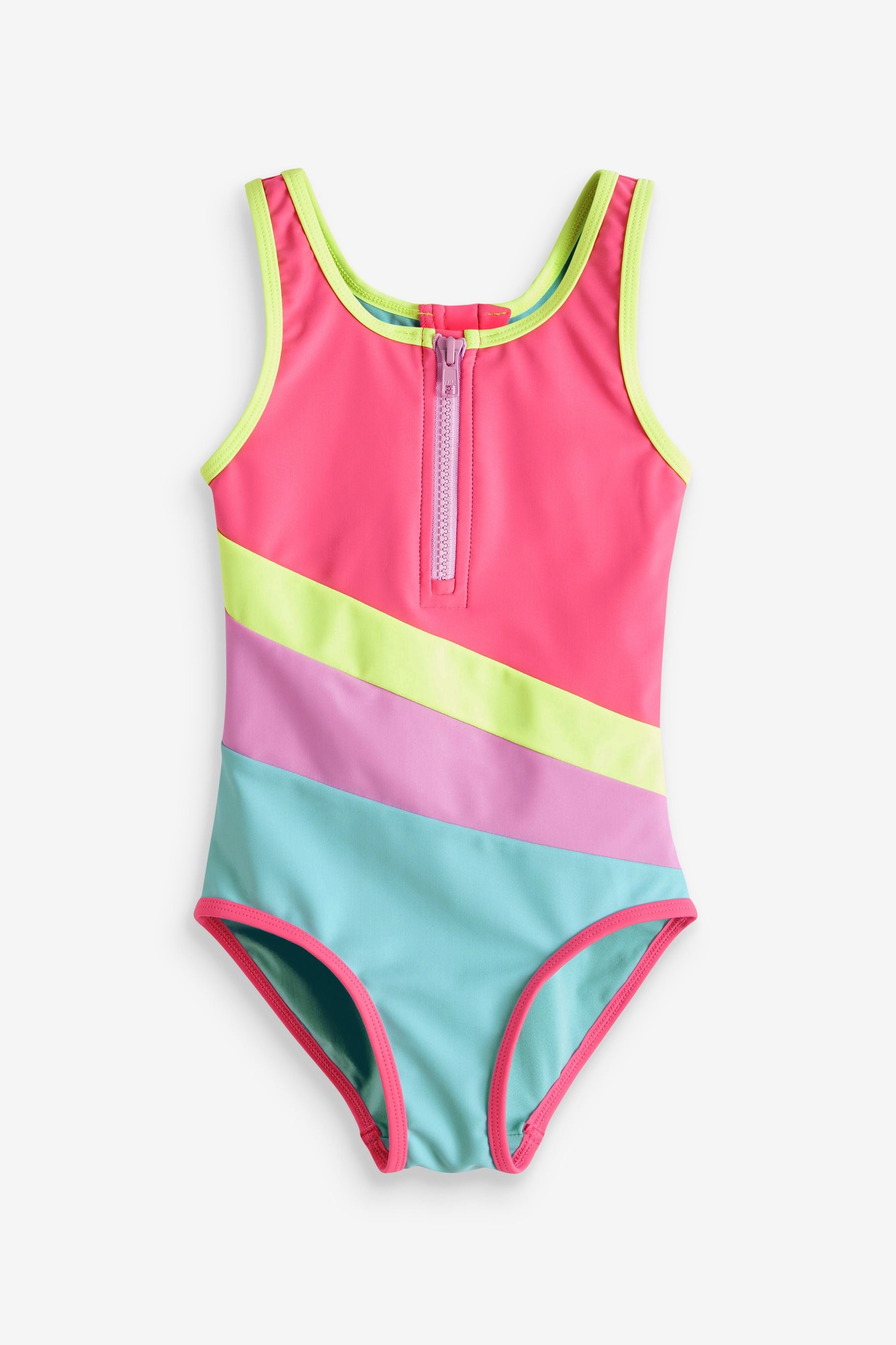 Pink Colourblock Zip Swimsuit