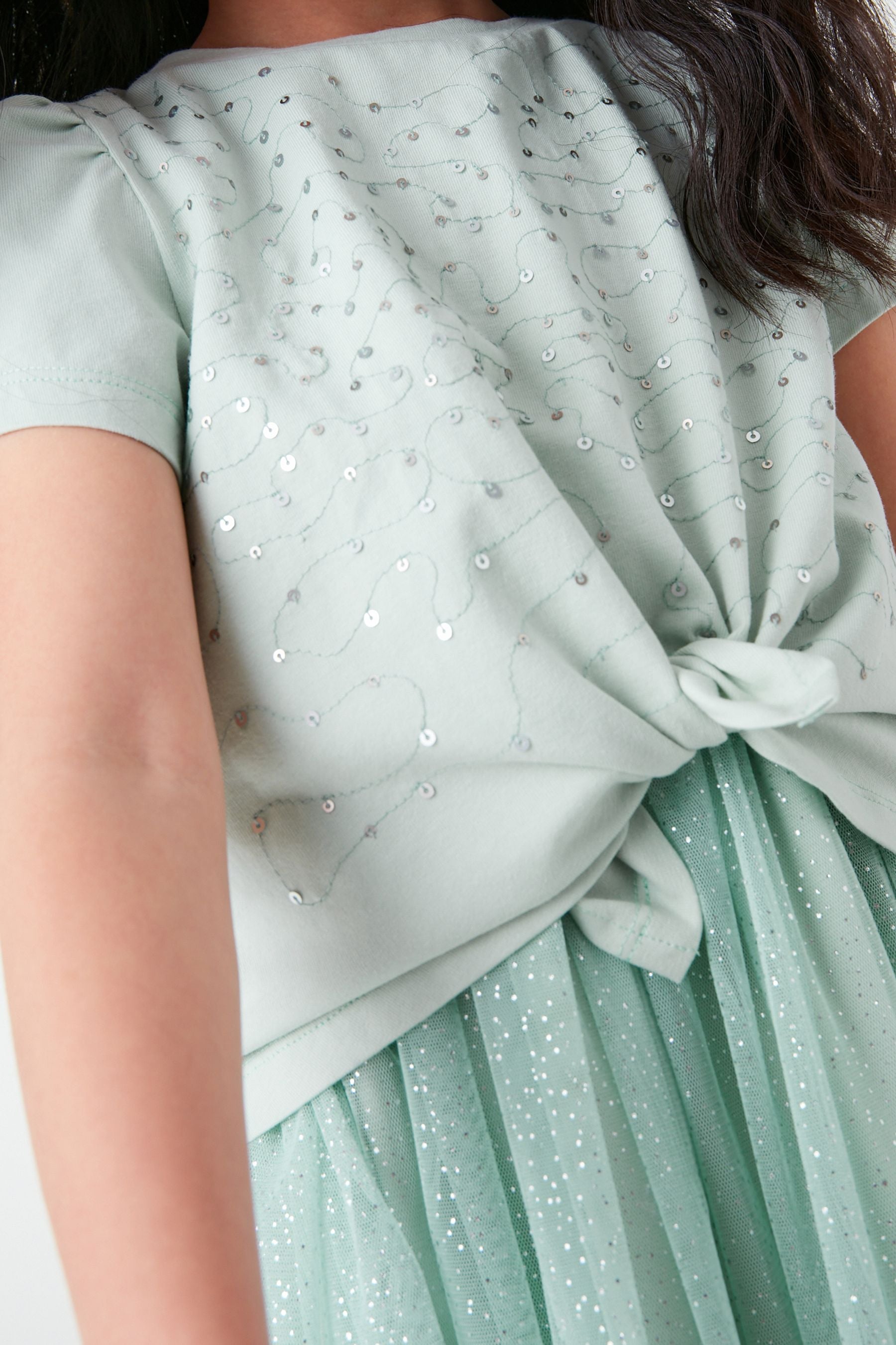 Mint Green Short Sleeve Sequin Glitter Dress (3-12yrs)