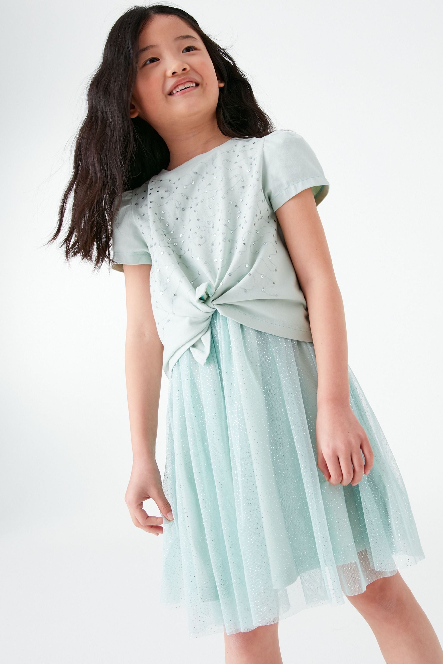 Mint Green Short Sleeve Sequin Glitter Dress (3-12yrs)