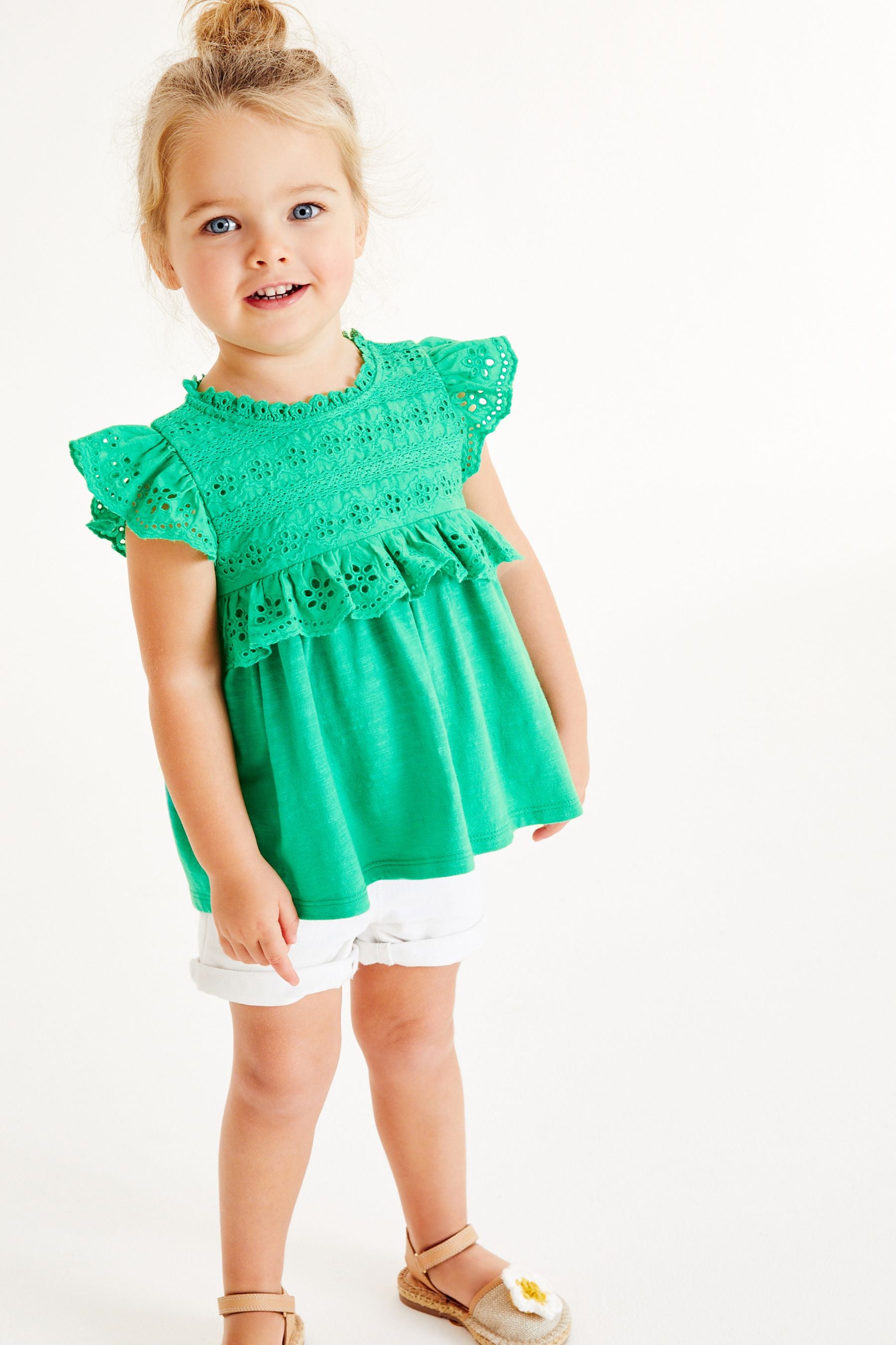 Green Lace Trim Cotton Blouse (3mths-7yrs)