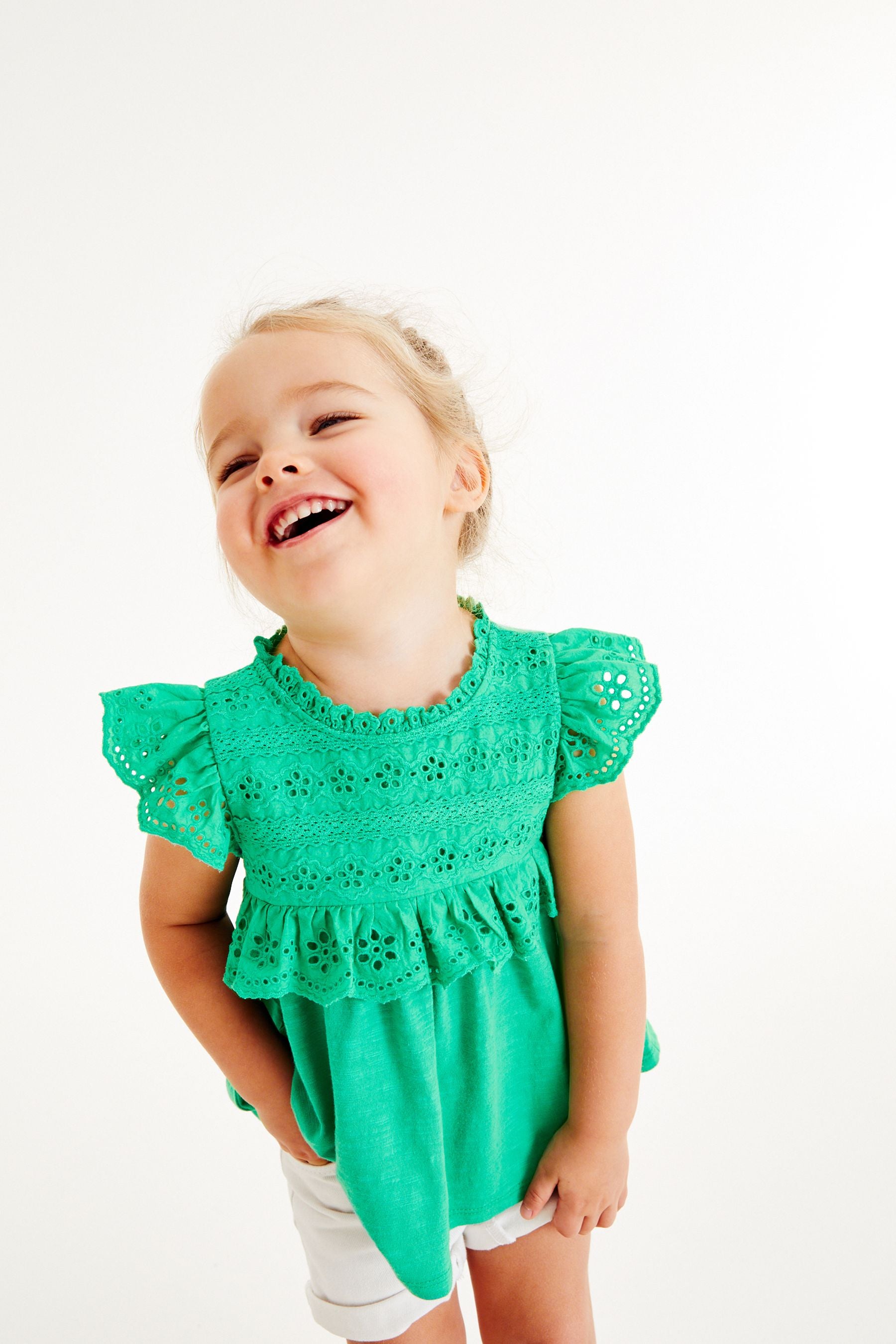 Green Lace Trim Cotton Blouse (3mths-7yrs)