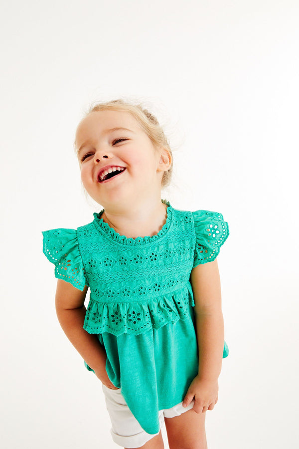 Green Lace Trim Cotton Blouse (3mths-7yrs)