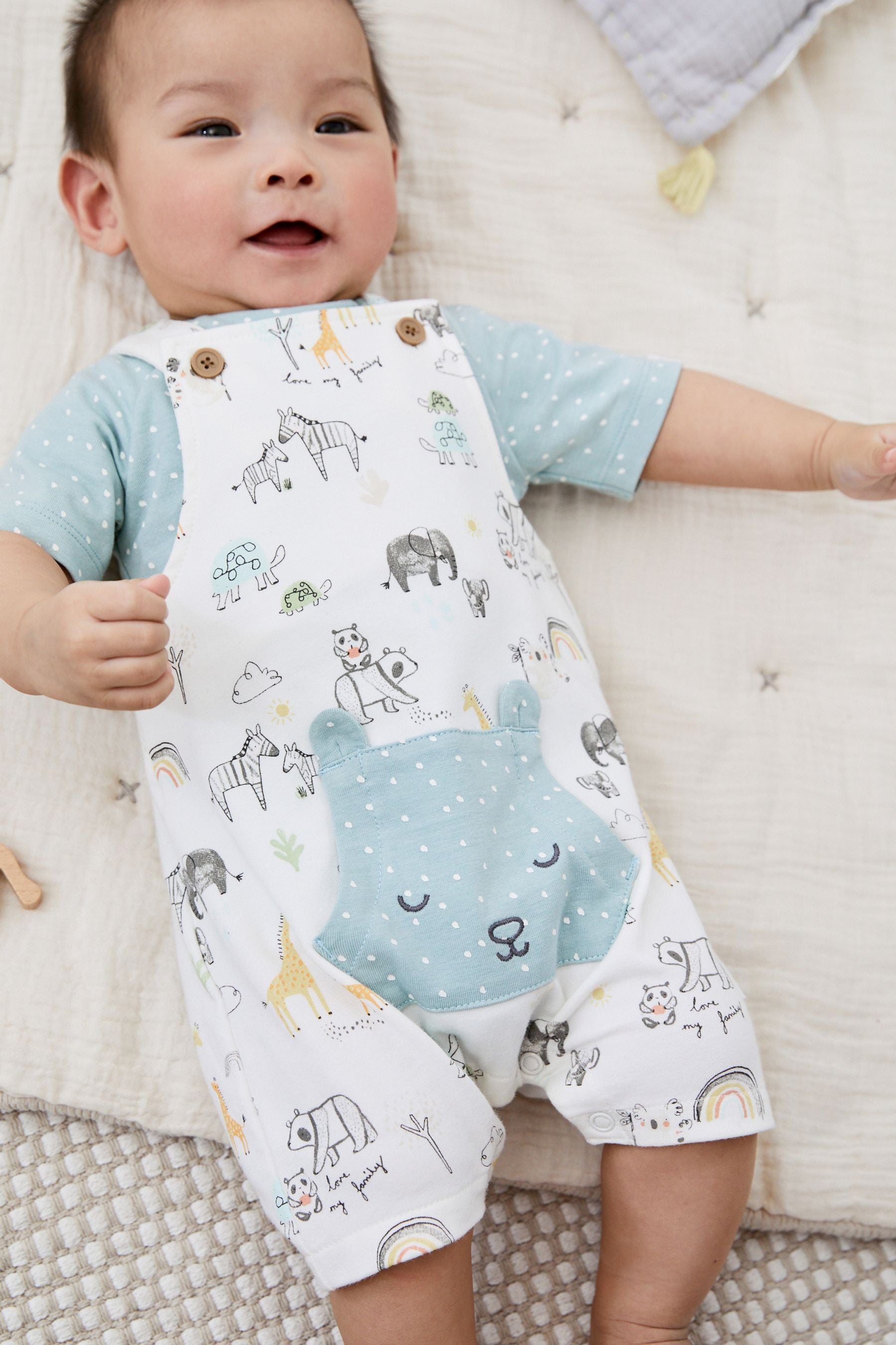 White/Blue Baby 2 Piece Dungarees And Bodysuit Set (0-12mths)