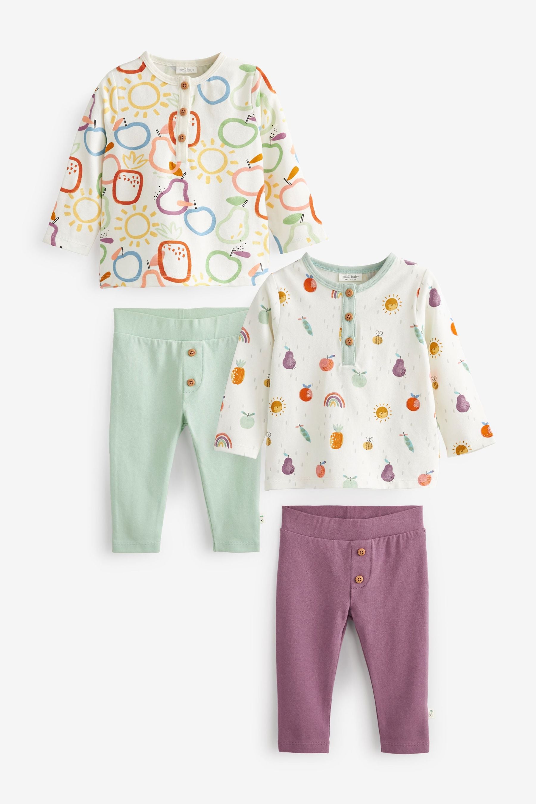 Green Fruit Print Baby 4 Piece T-Shirts And Leggings Set (0mths-2yrs)