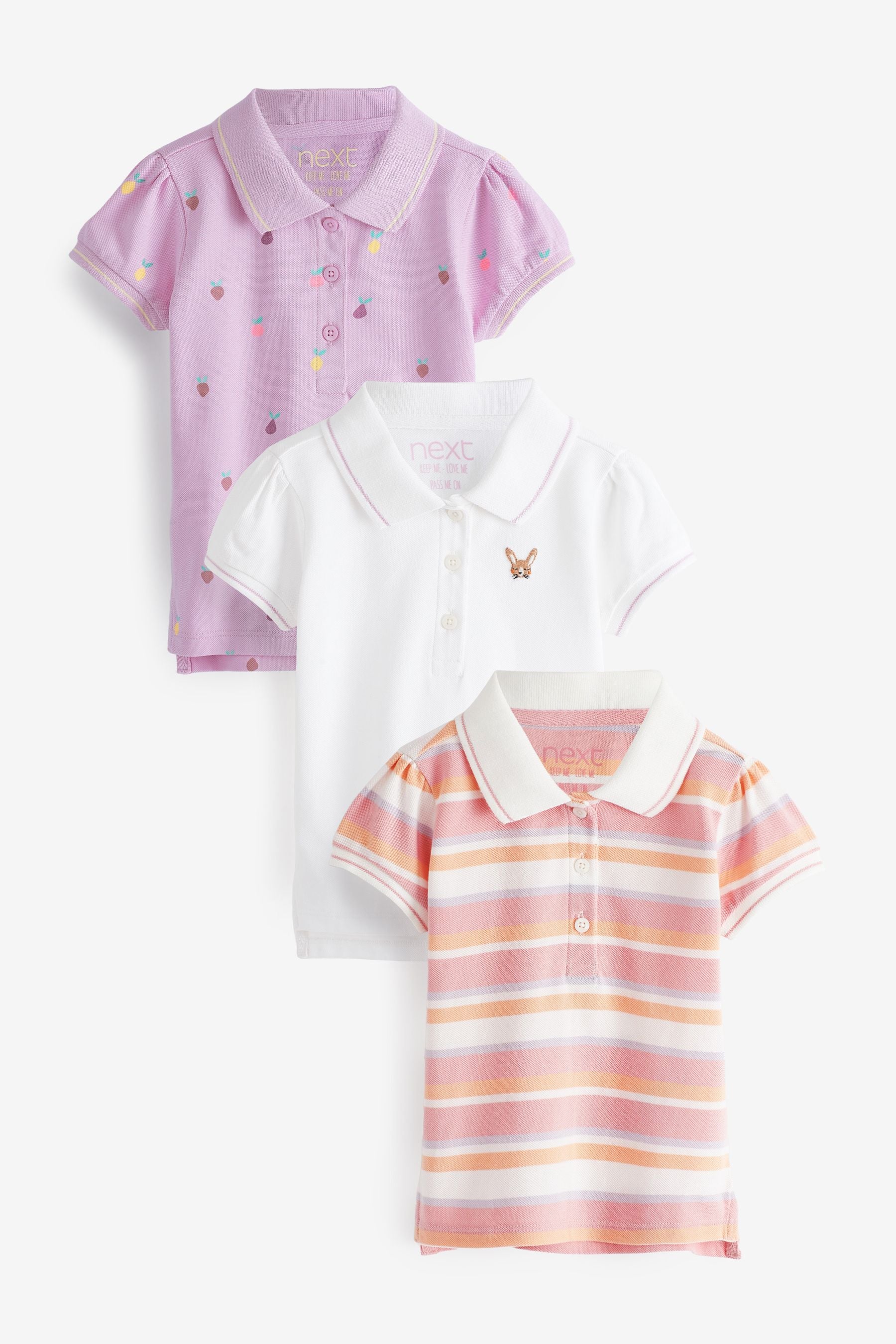 Pink/Lilac Purple/White 3 Pack Polo Tops (3mths-7yrs)