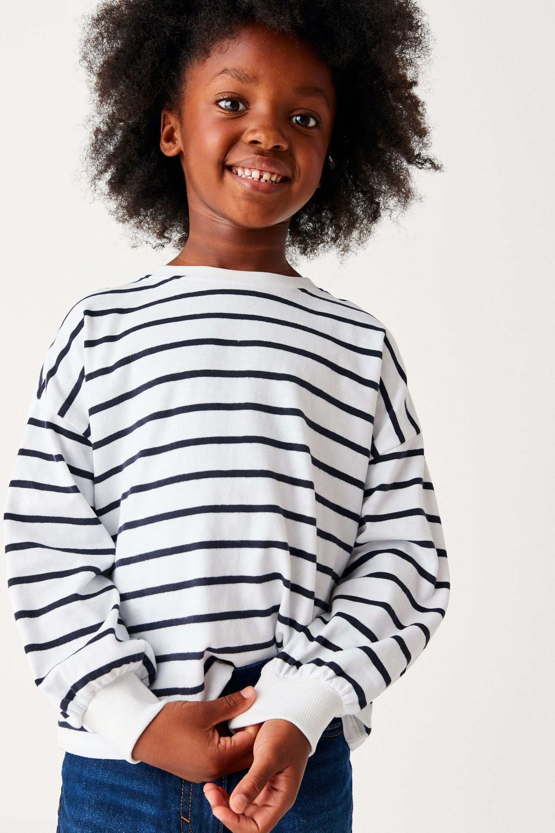 Black/White Stripe Cuffed Cosy Jersey Long Sleeved Top (3-16yrs)