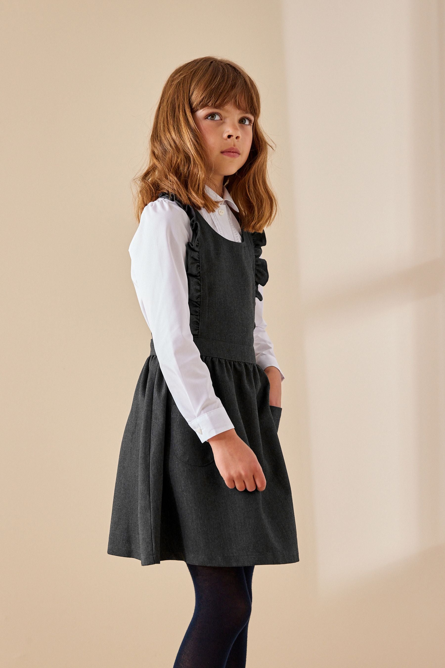 Grey Ruffle Detail Pinafore School Dress (3-14yrs)