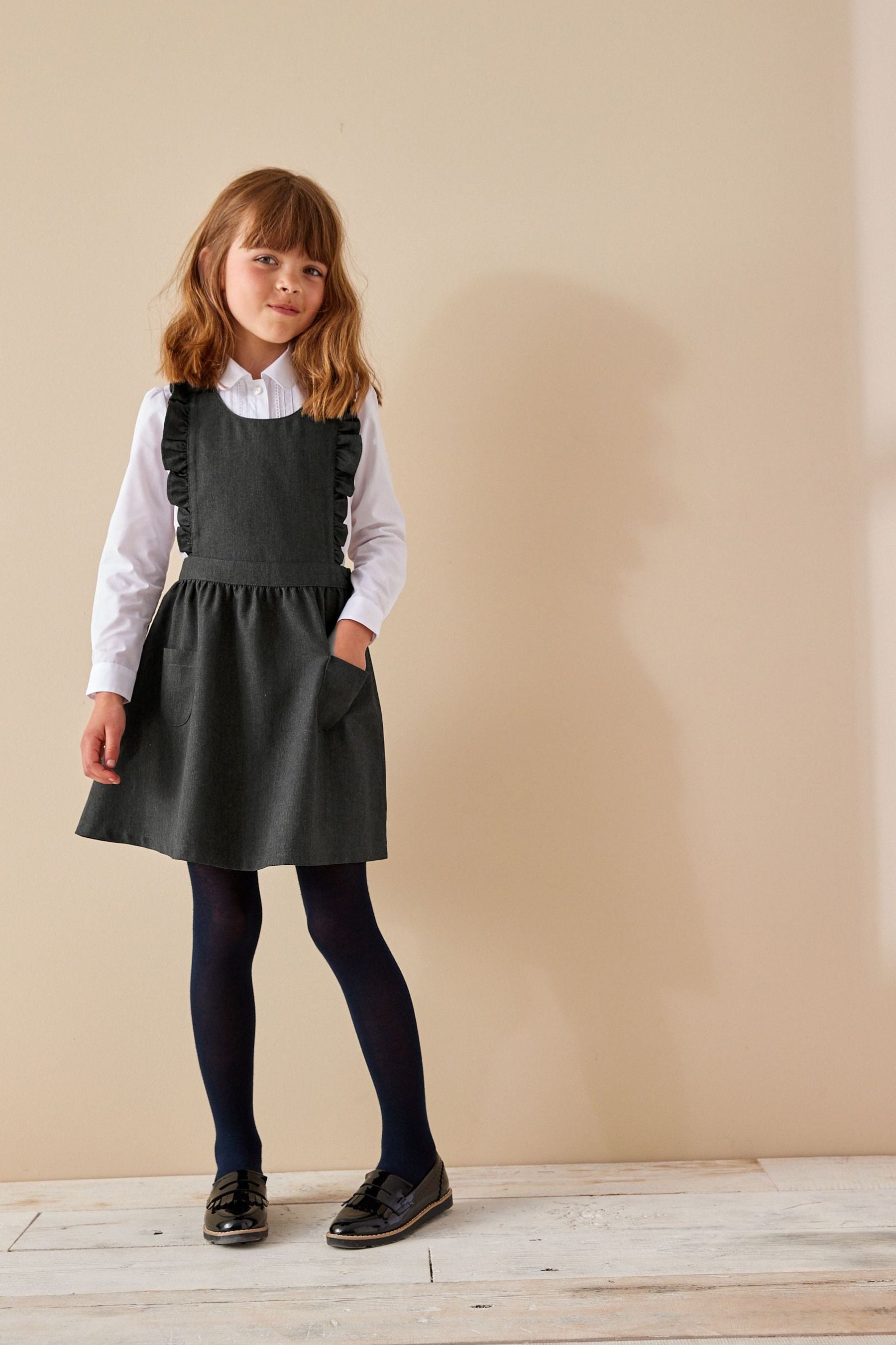 Grey Ruffle Detail Pinafore School Dress (3-14yrs)